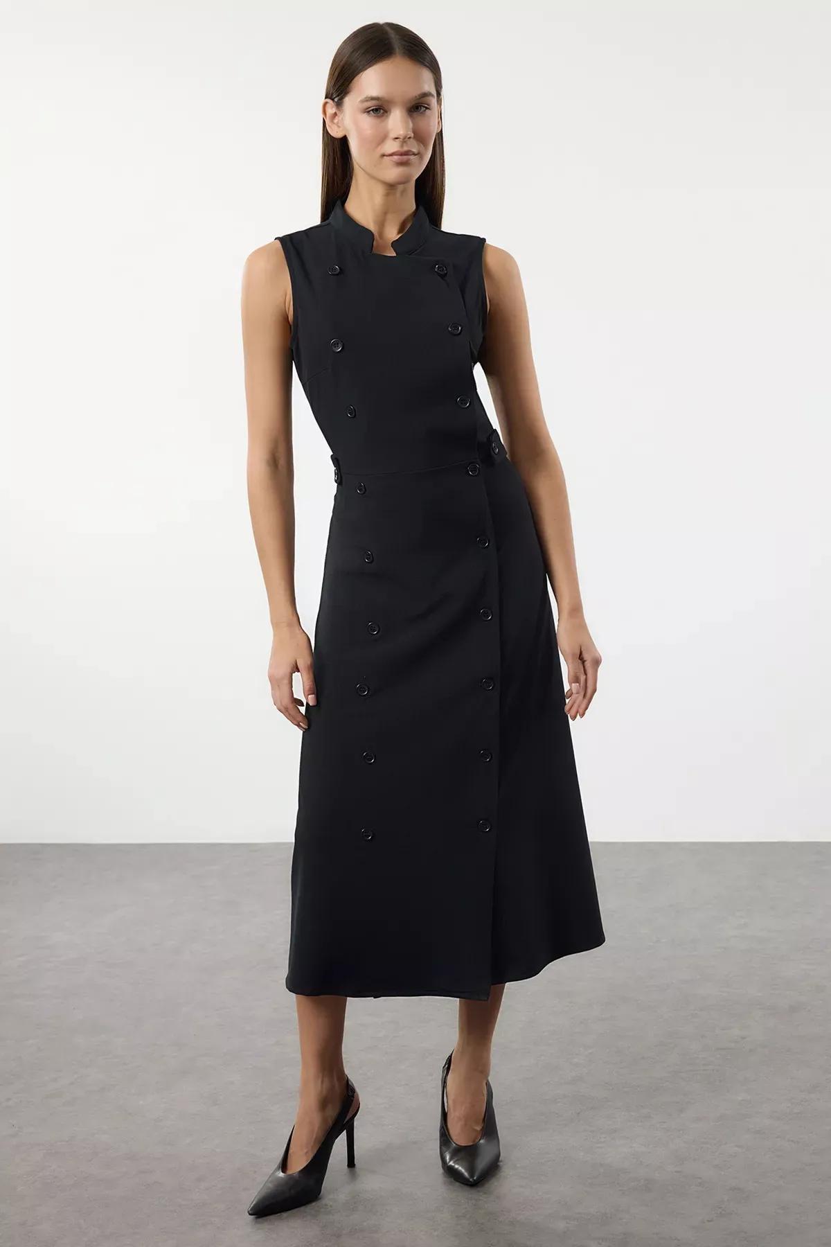 Navy Plain Midi Woven Dress, , large image number 0