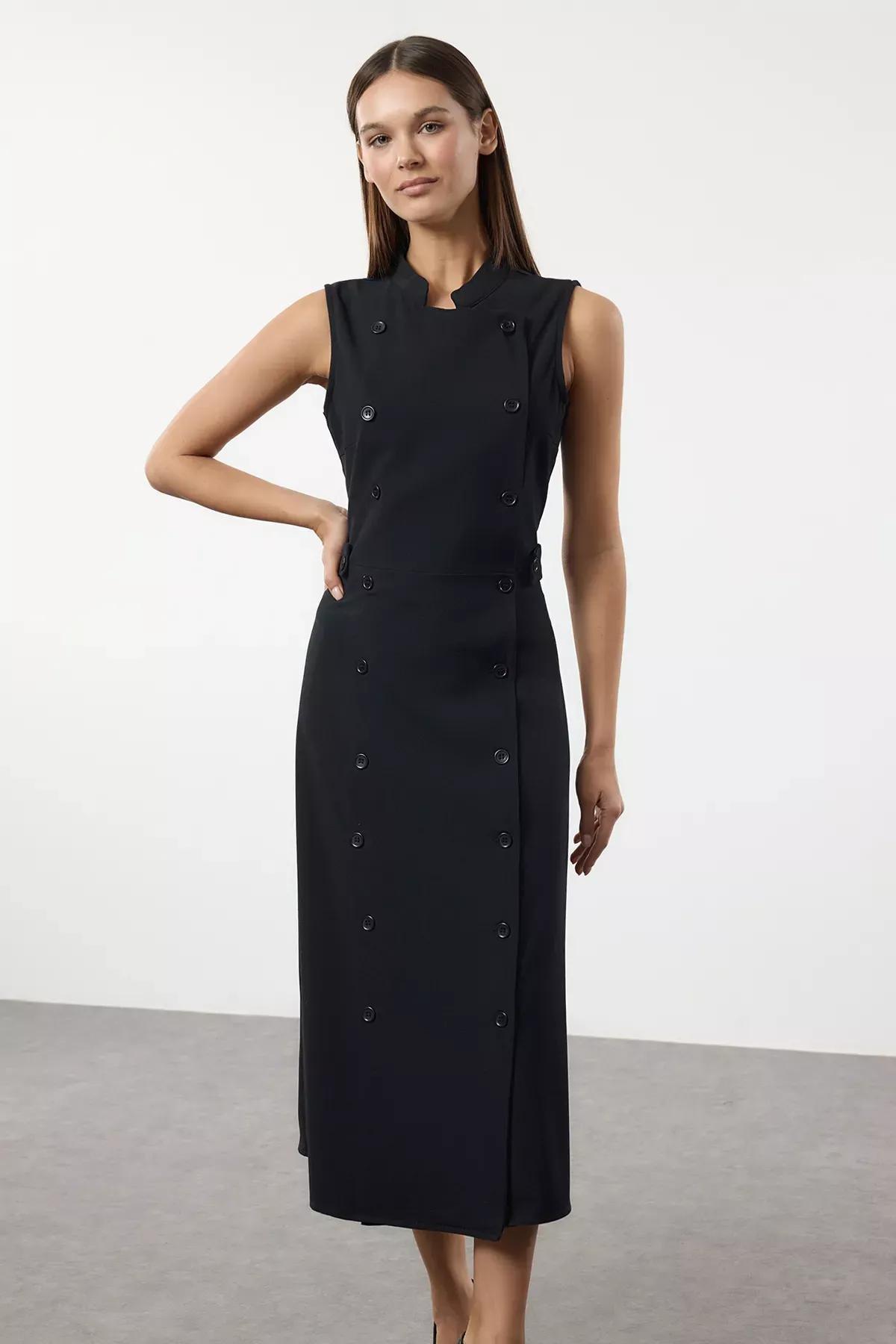 Navy Plain Midi Woven Dress, , large image number 1