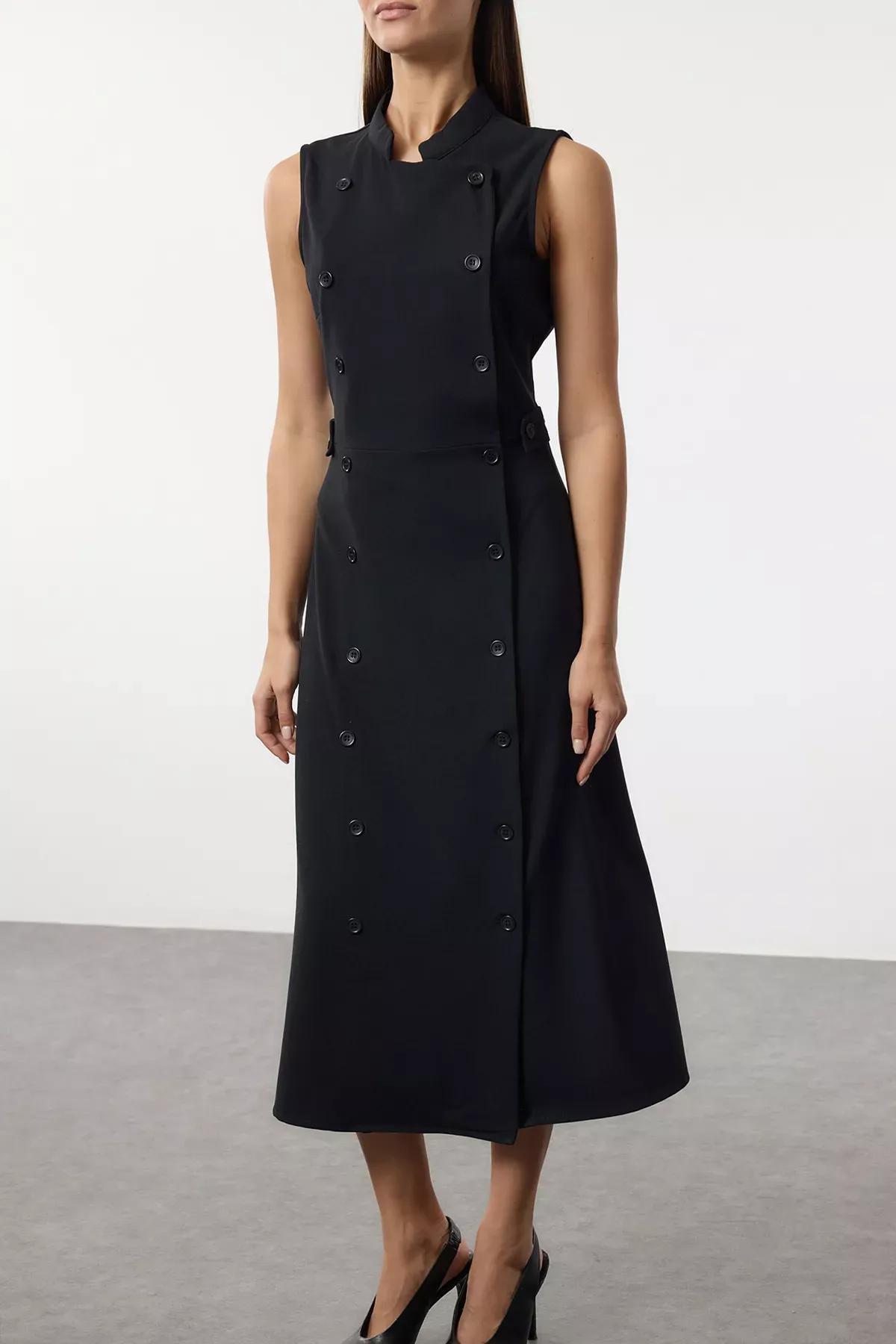 Navy Plain Midi Woven Dress, , large image number 3