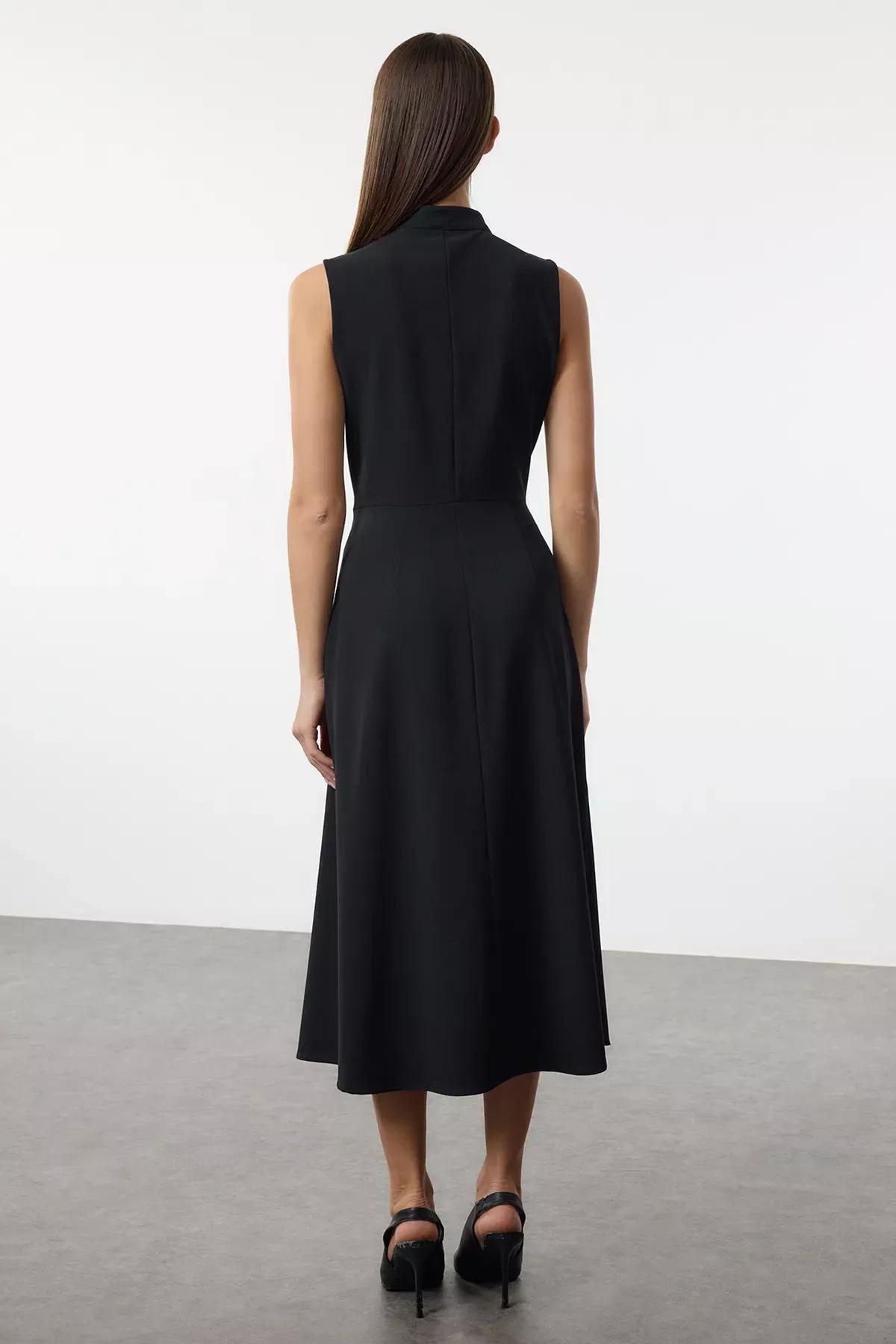 Navy Plain Midi Woven Dress, , large image number 4