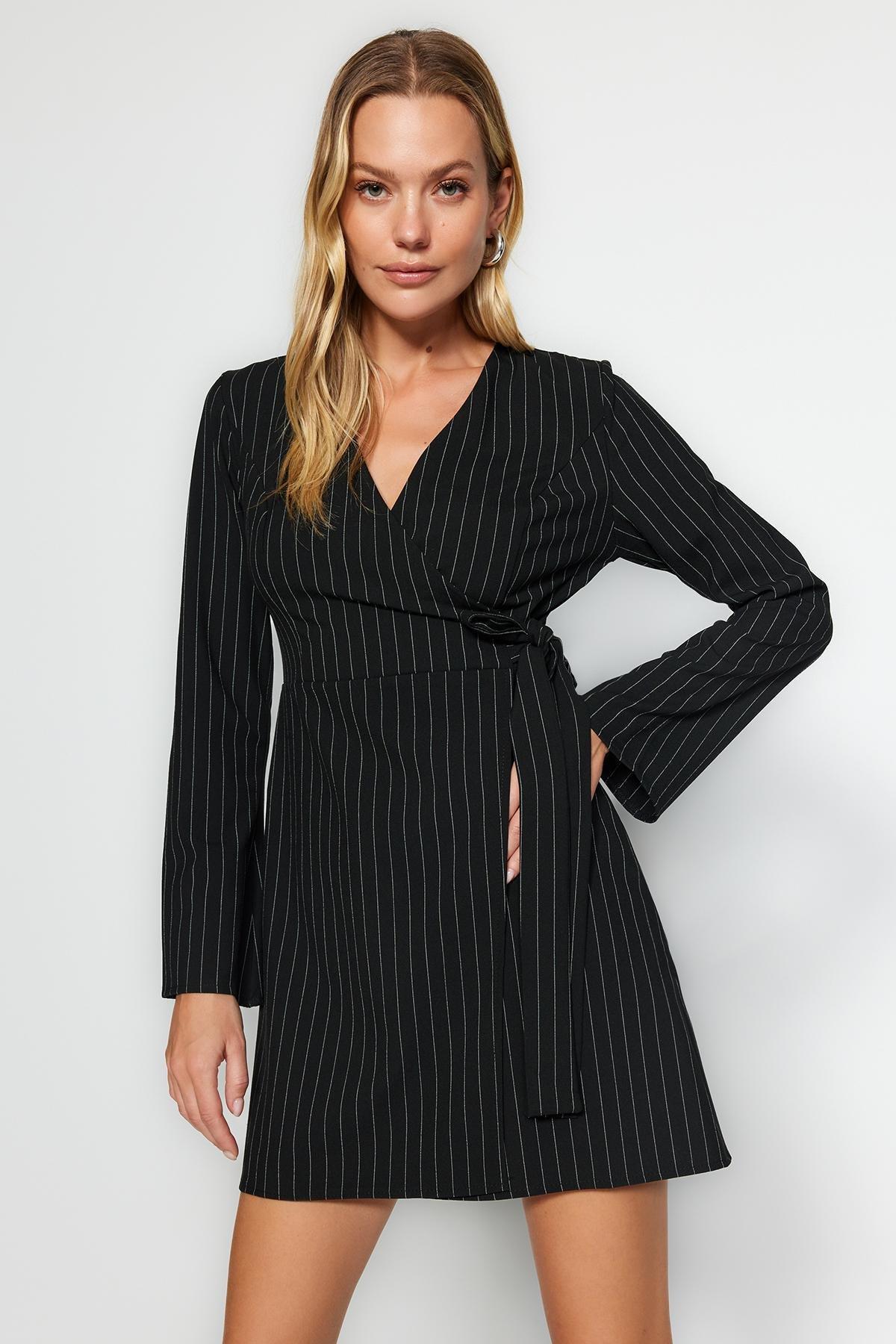 Trendyol - Black Striped Double Breasted Knitted Mini Dress