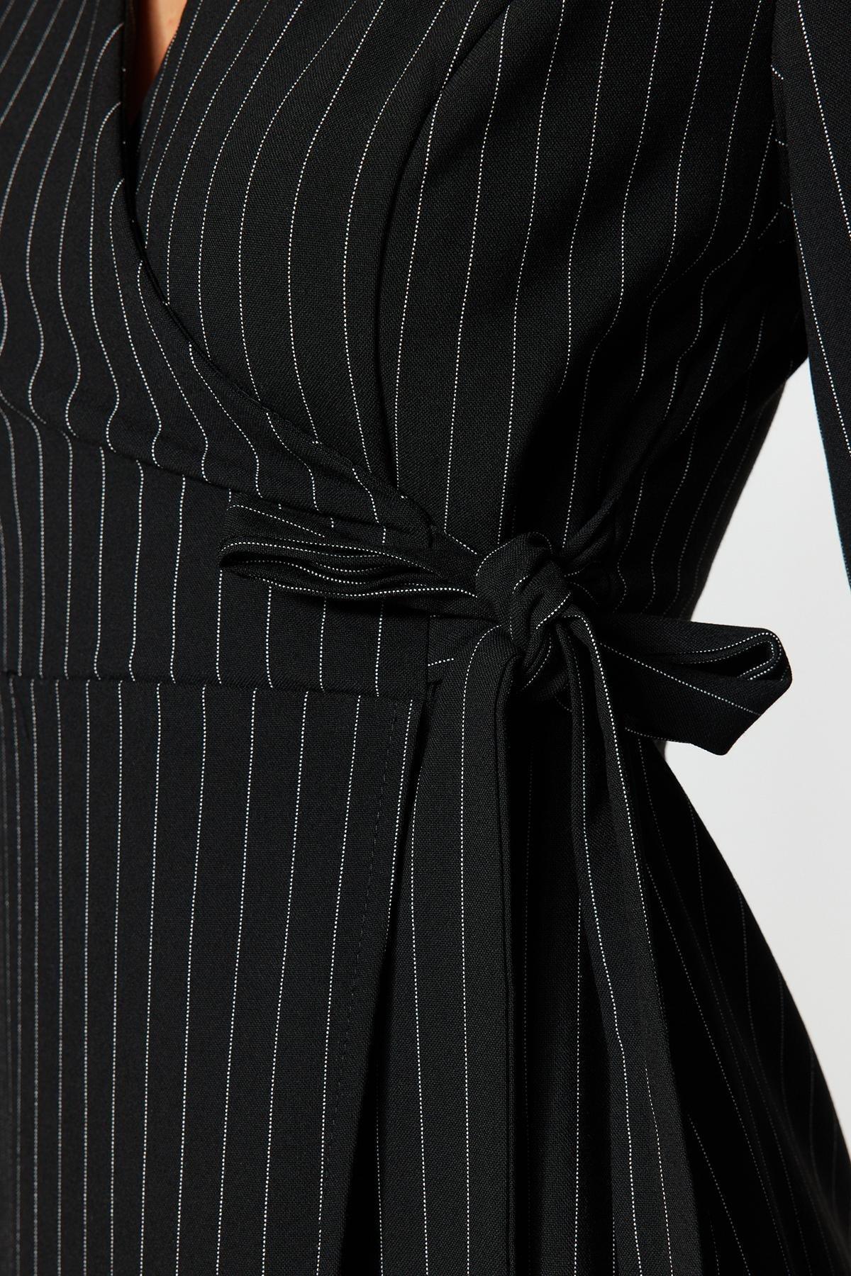 Black Striped Double Breasted Knitted Mini Dress, , large image number 3