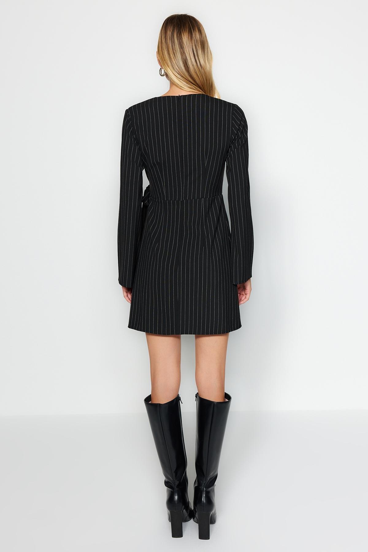 Black Striped Double Breasted Knitted Mini Dress, , large image number 4