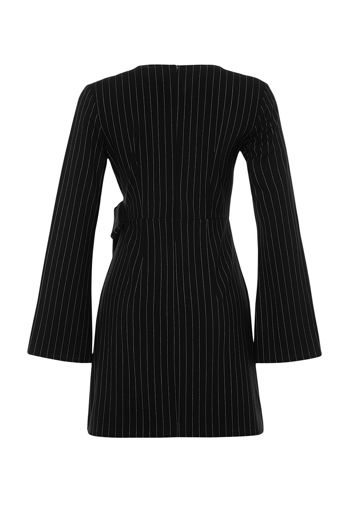 Black Striped Double Breasted Knitted Mini Dress, , large image number 6