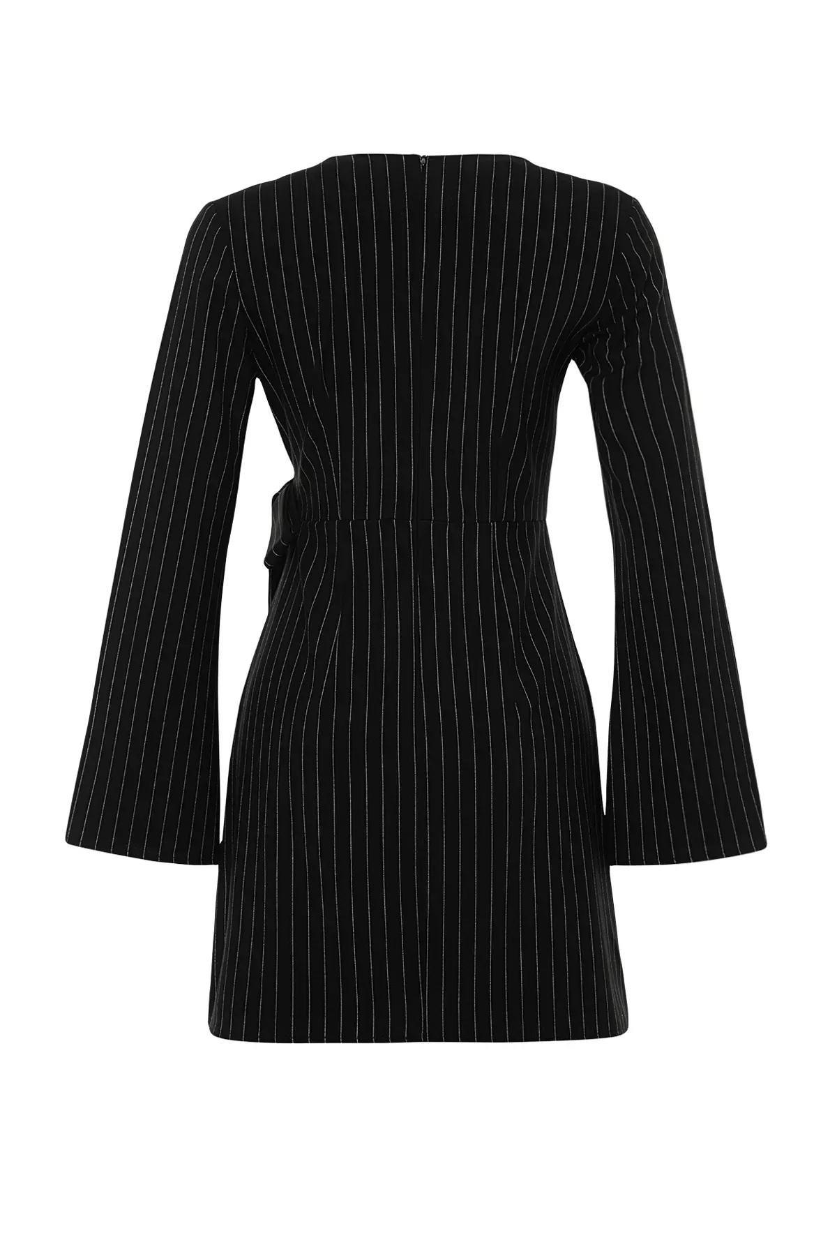 Black Striped Double Breasted Knitted Mini Dress, , large image number 7