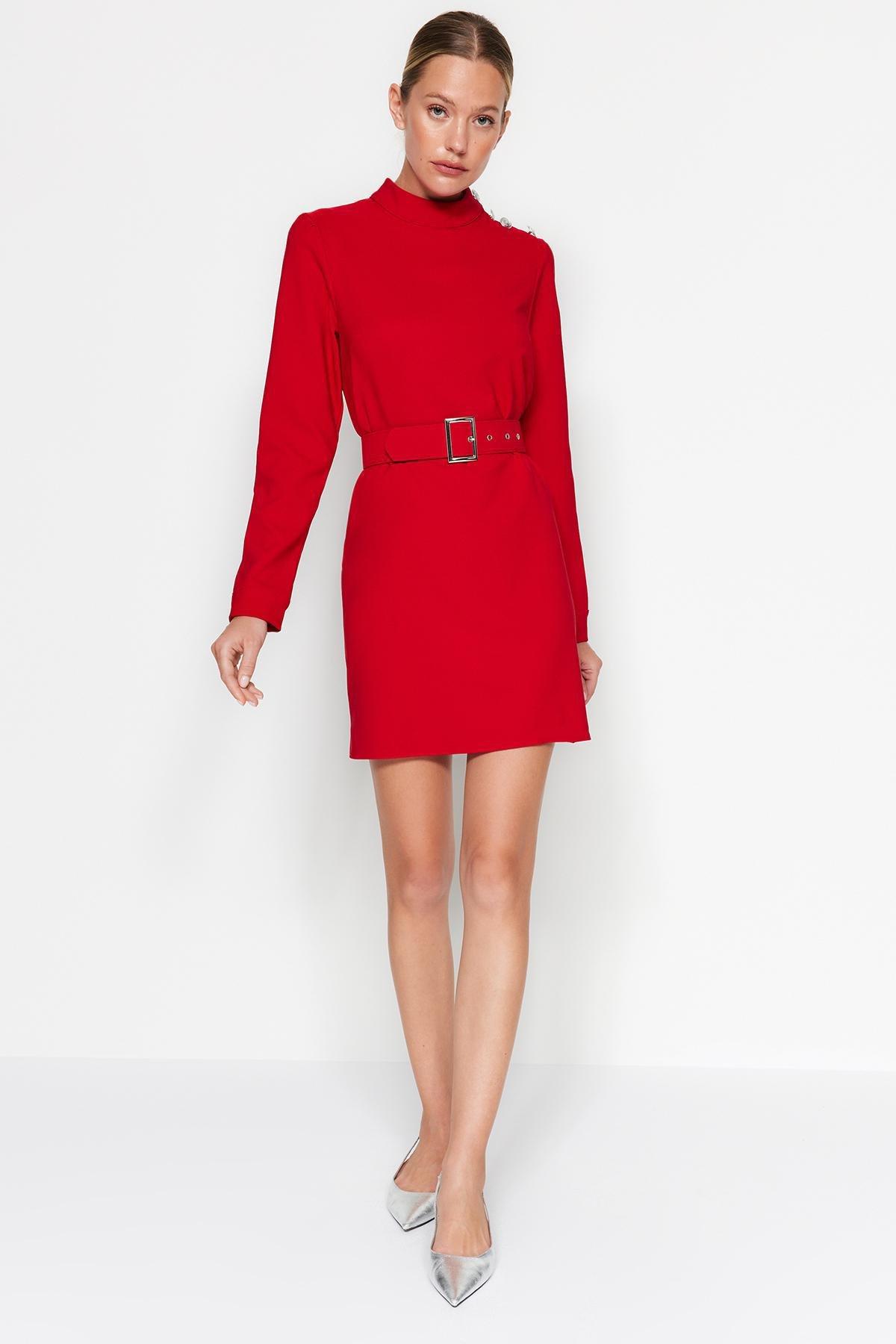 Trendyol - Red Belted A-Line Knitted Dress