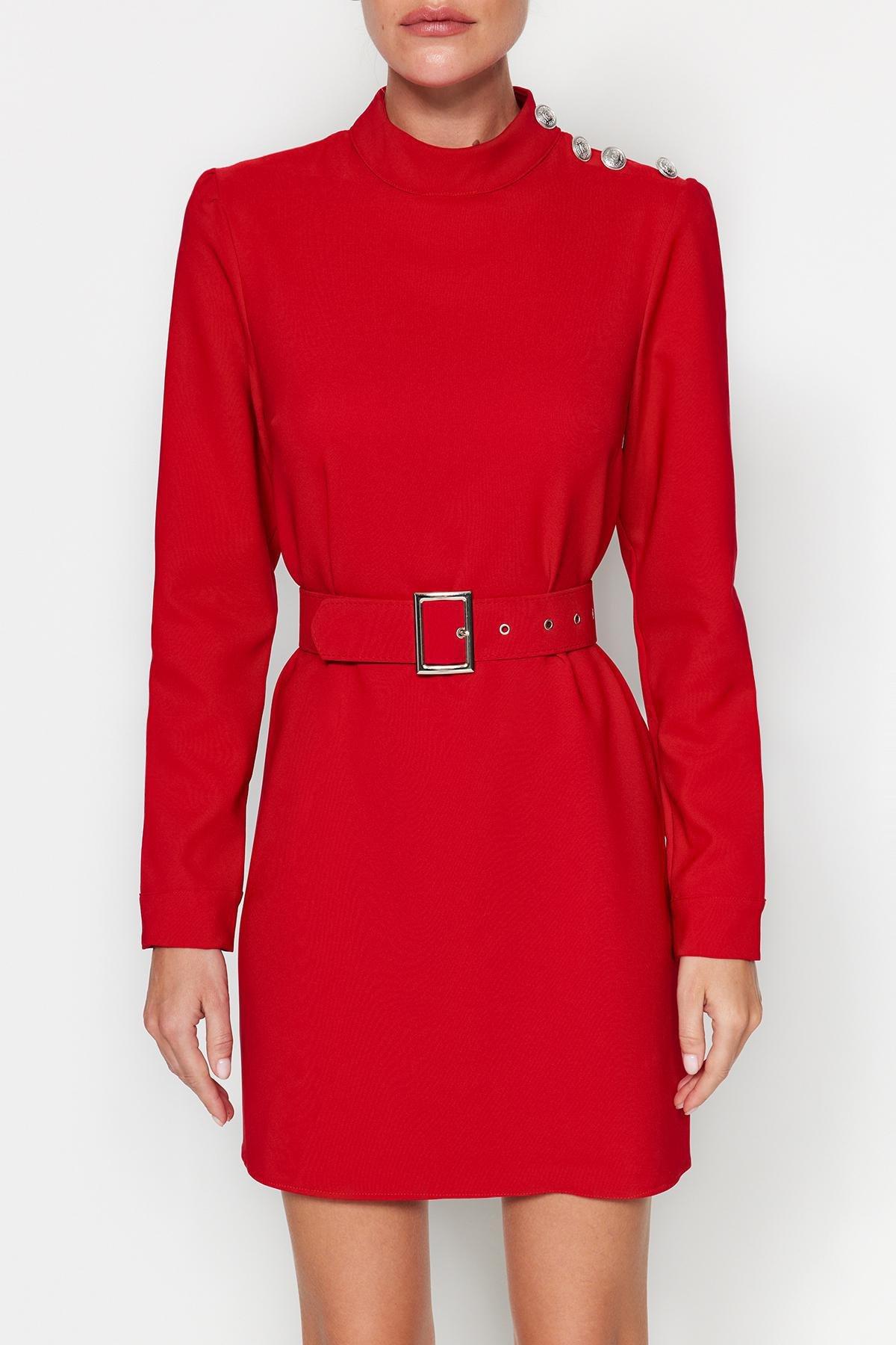 Trendyol - Red Belted A-Line Knitted Dress
