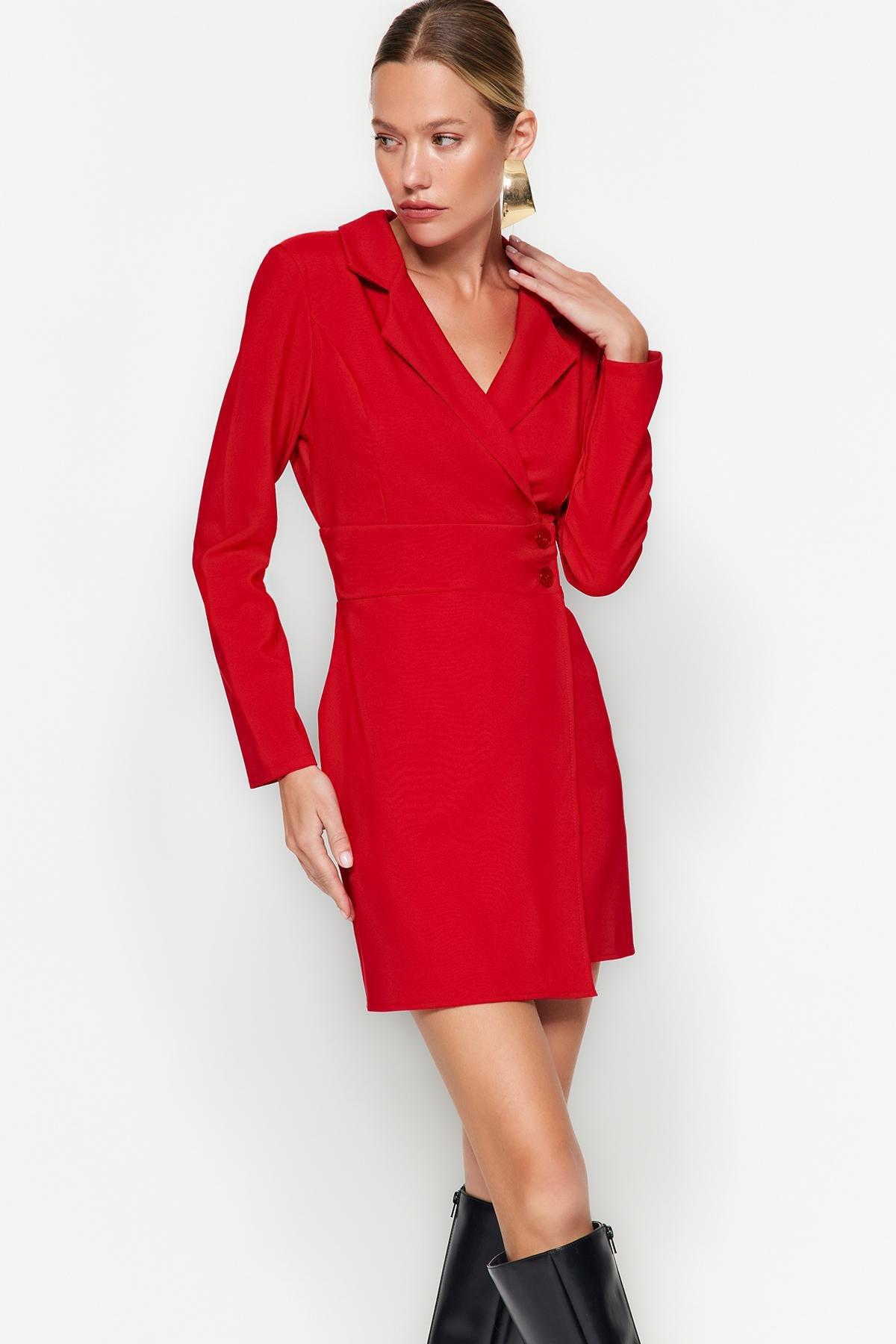 Trendyol - Red Buttoned Knitted Mini Jacket Dress
