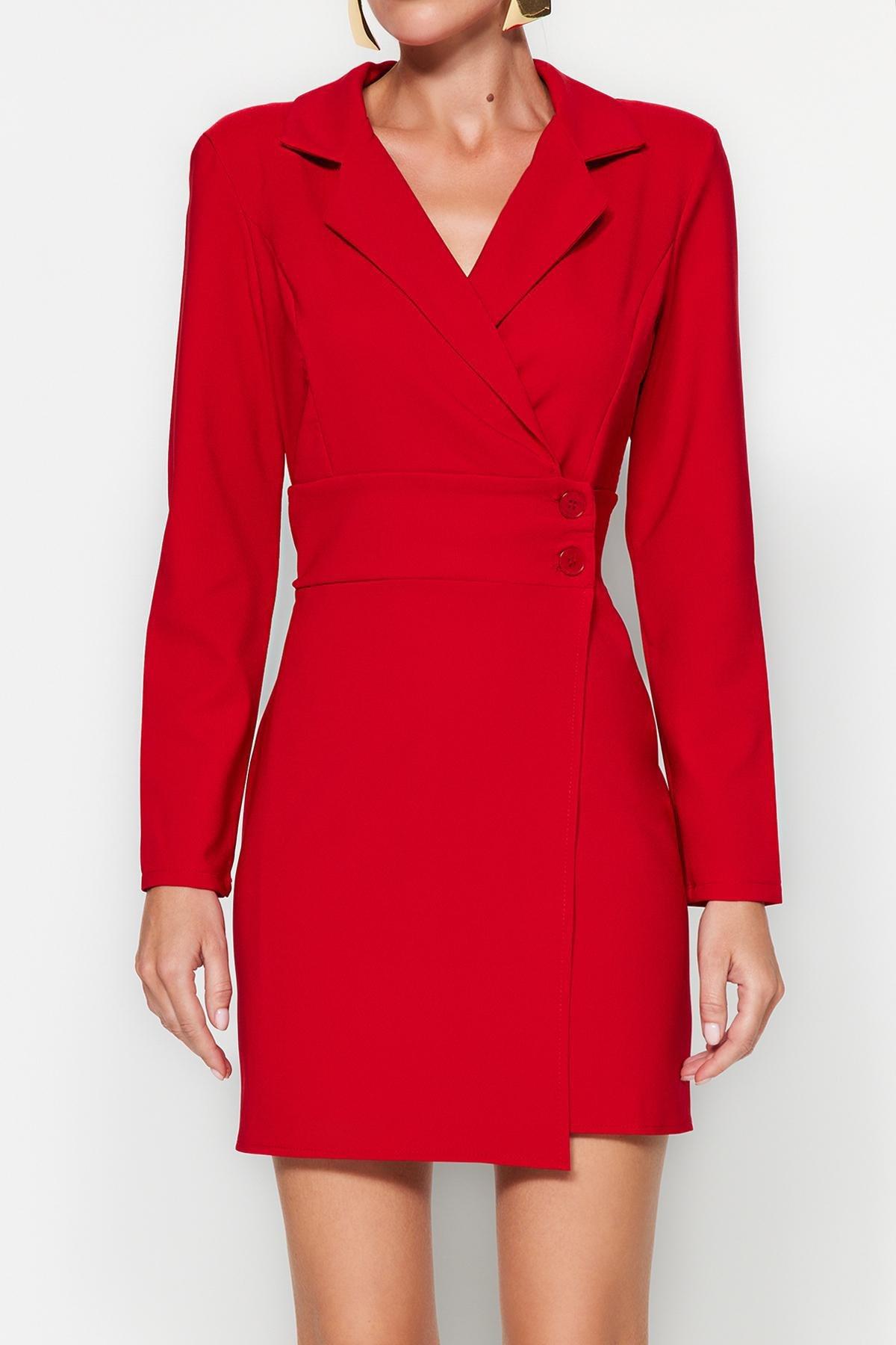 Trendyol - Red Buttoned Knitted Mini Jacket Dress