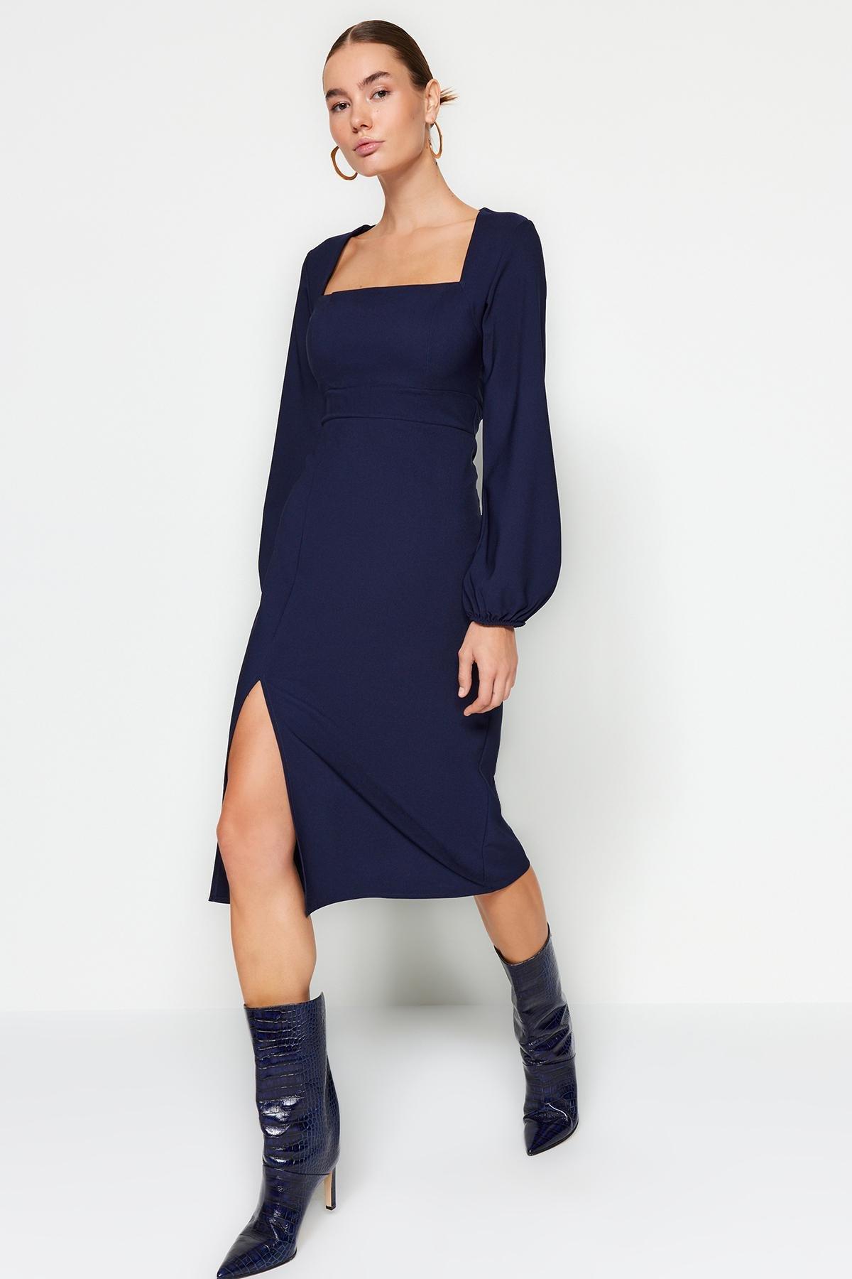 Navy Balloon Sleeves Slit Knitted Dress, C101_377, large image number 1