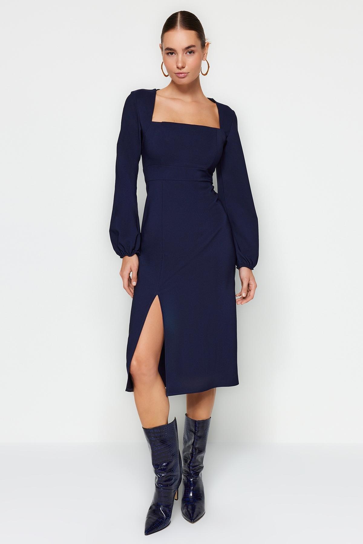 Navy Balloon Sleeves Slit Knitted Dress, C101_377, large image number 2