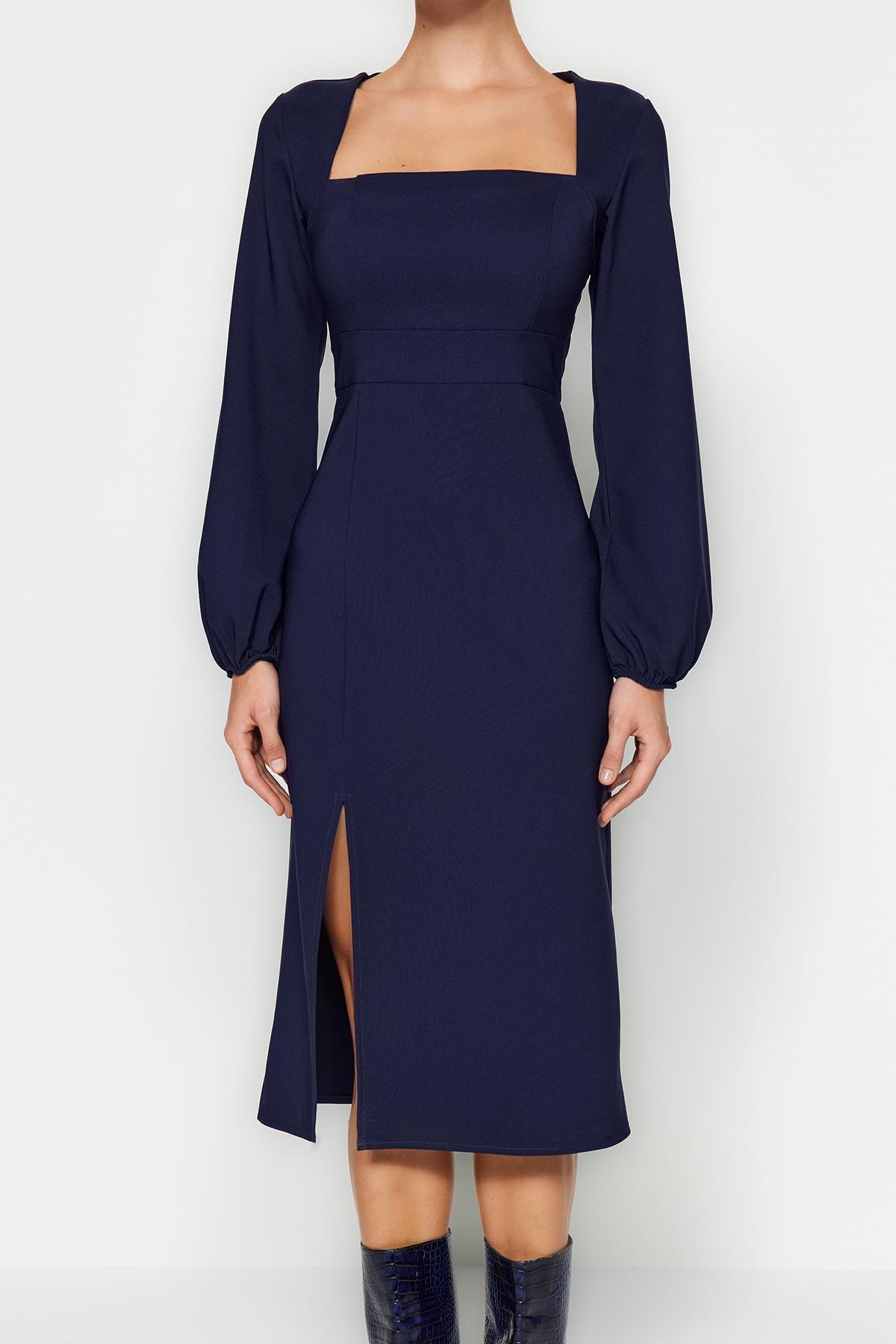 Navy Balloon Sleeves Slit Knitted Dress, C101_377, large image number 3