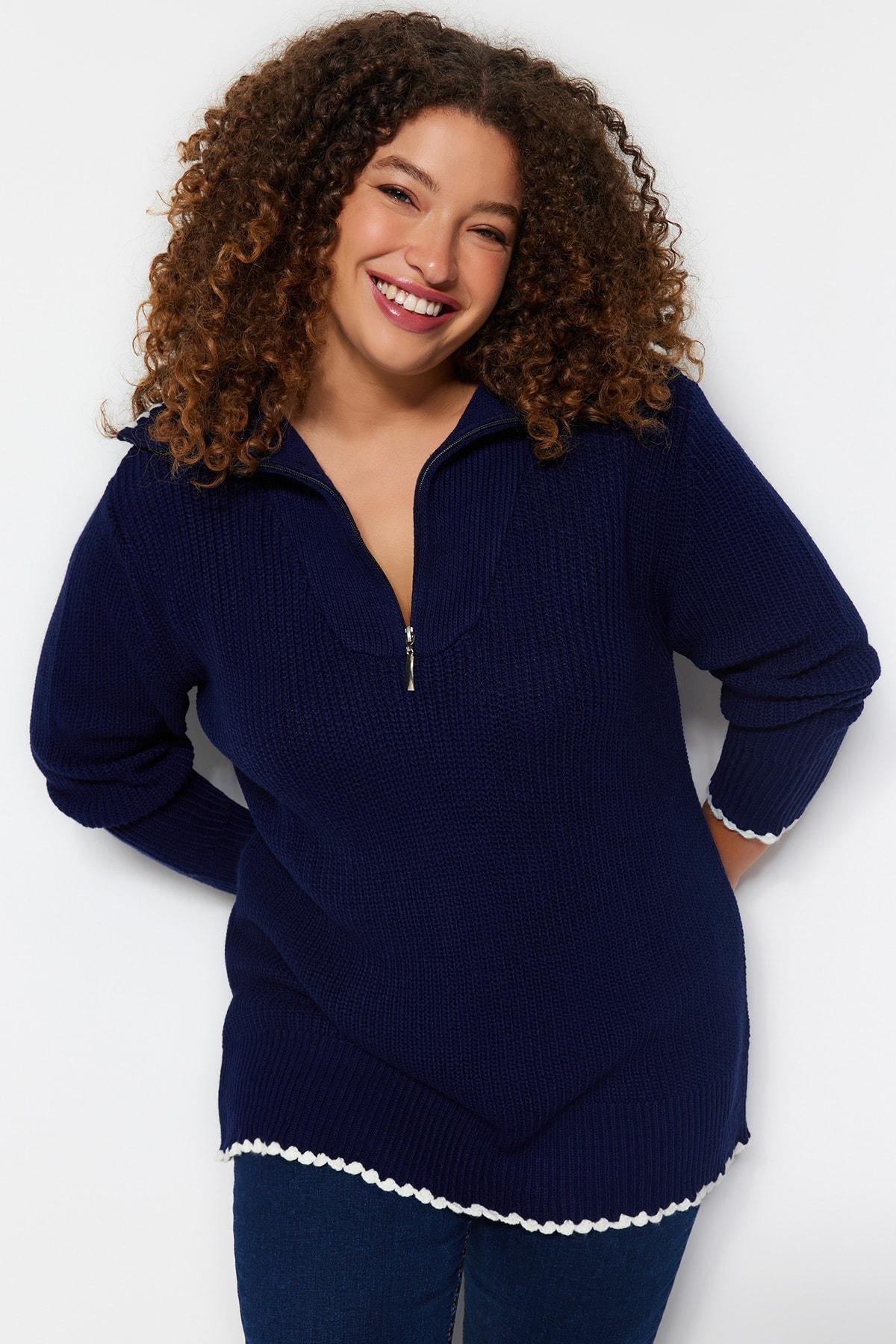 Navy Oversized Zippered Knitted Sweater, , large image number 0