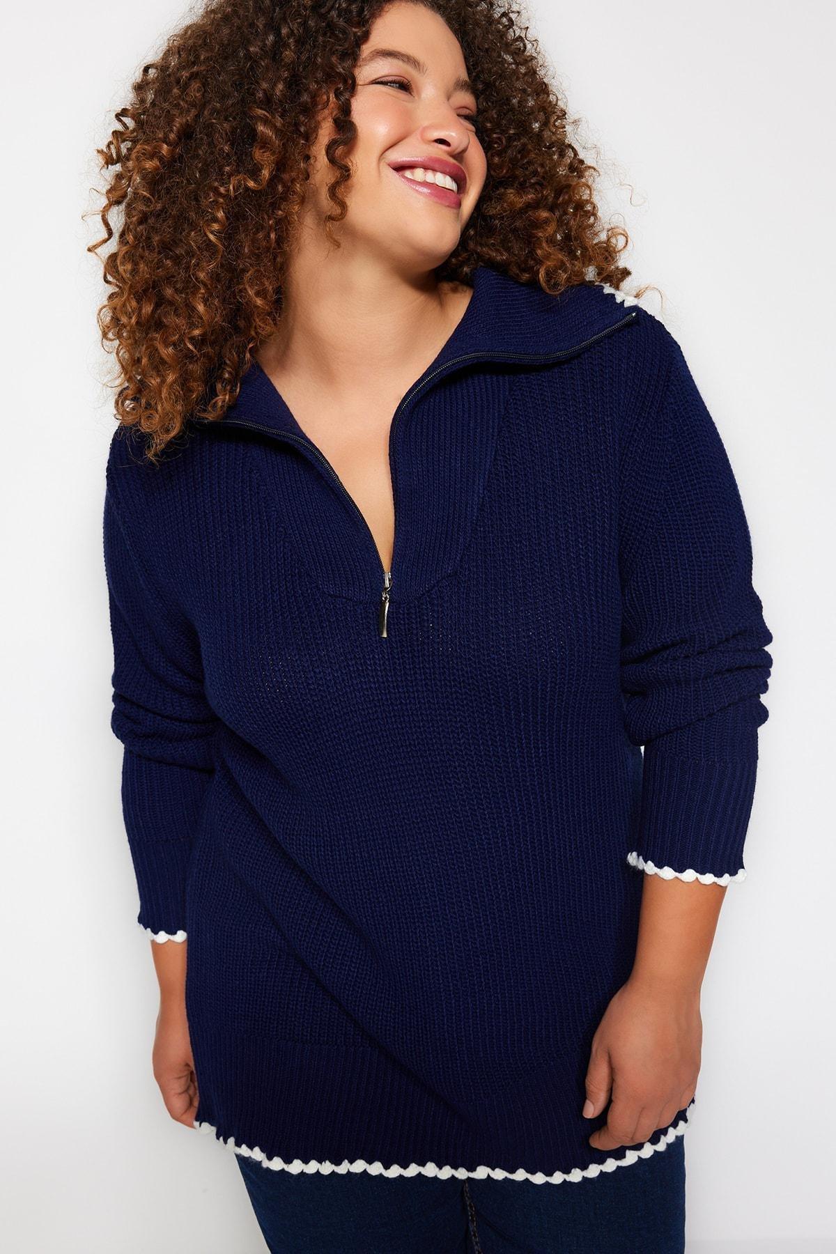 Trendyol - Navy Oversized Zippered Knitted Sweater