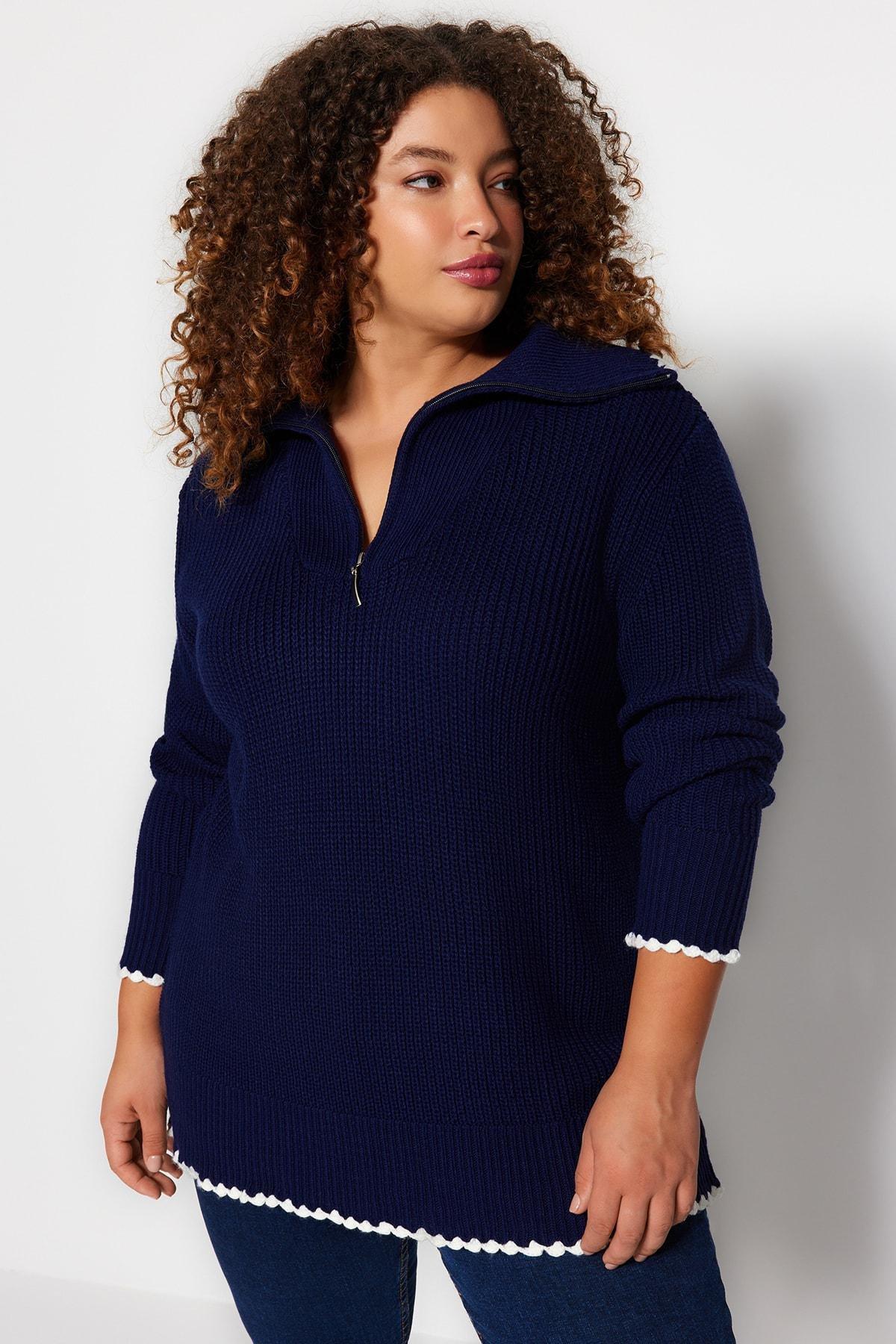 Trendyol - Navy Oversized Zippered Knitted Sweater