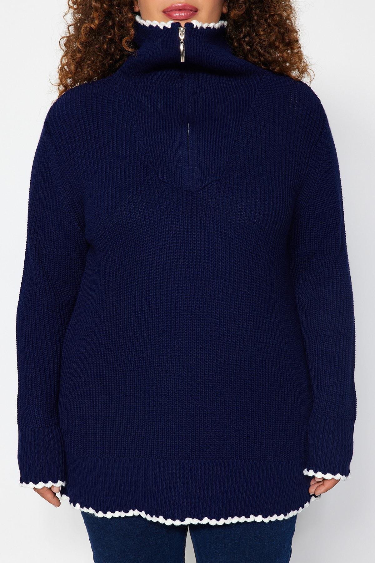 Trendyol - Navy Oversized Zippered Knitted Sweater