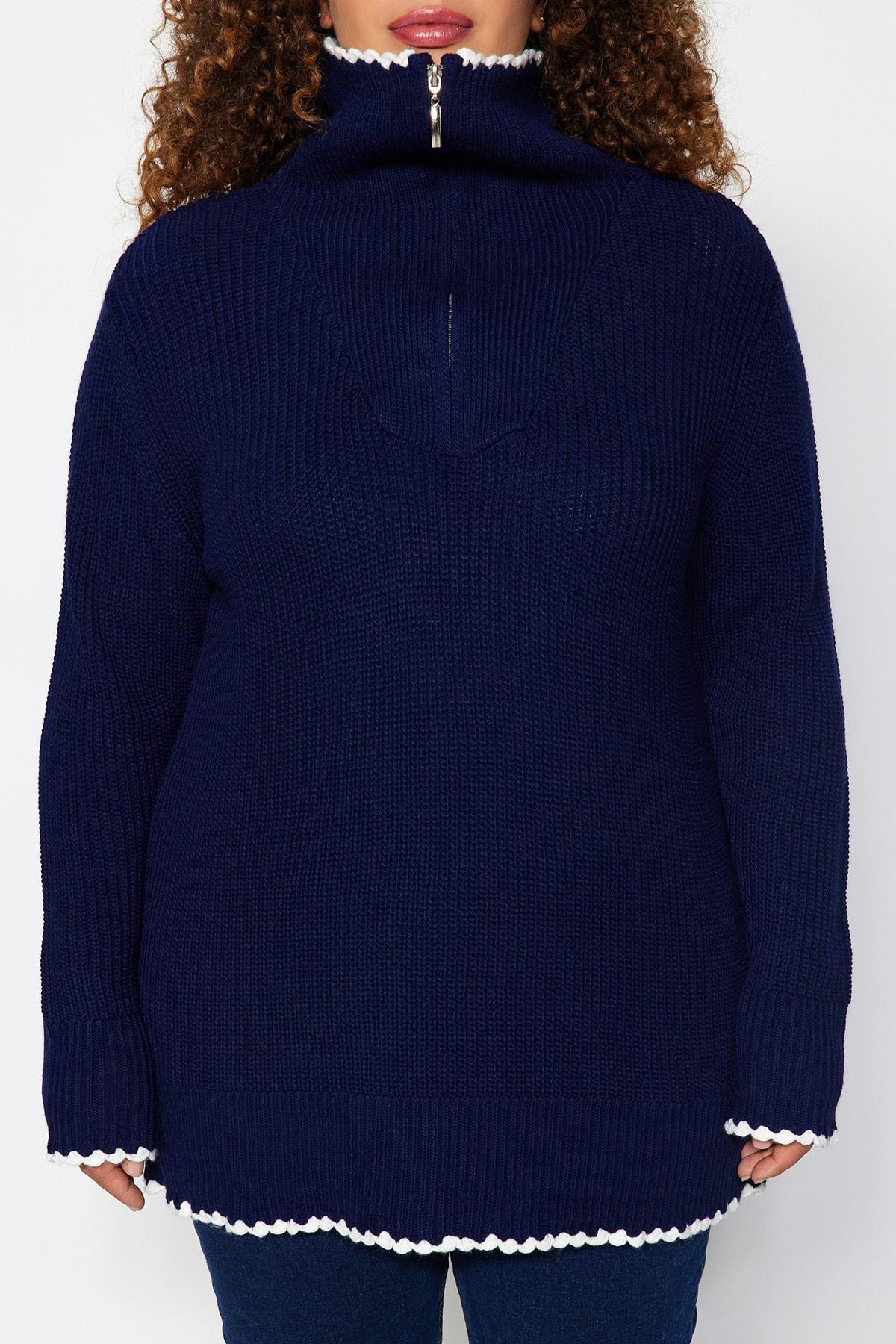 Navy Oversized Zippered Knitted Sweater, , large image number 3