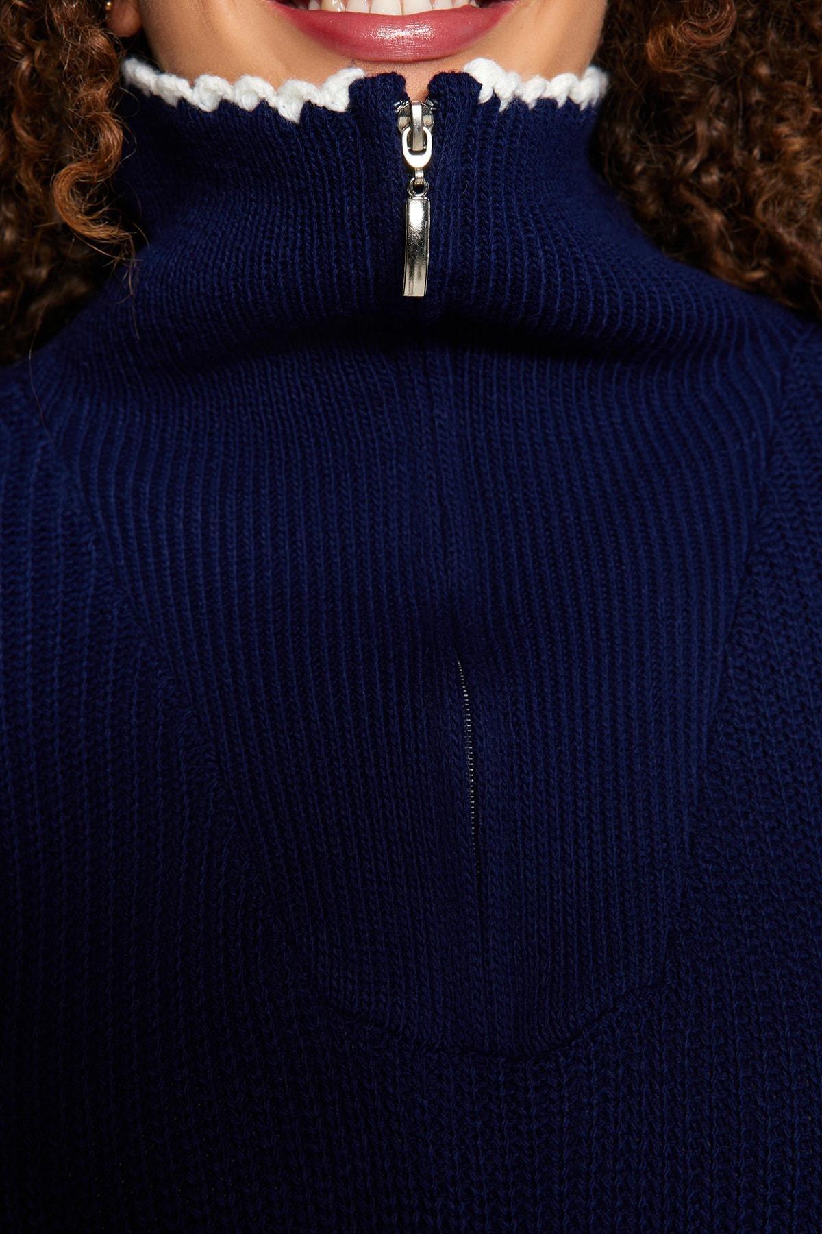 Trendyol - Navy Oversized Zippered Knitted Sweater