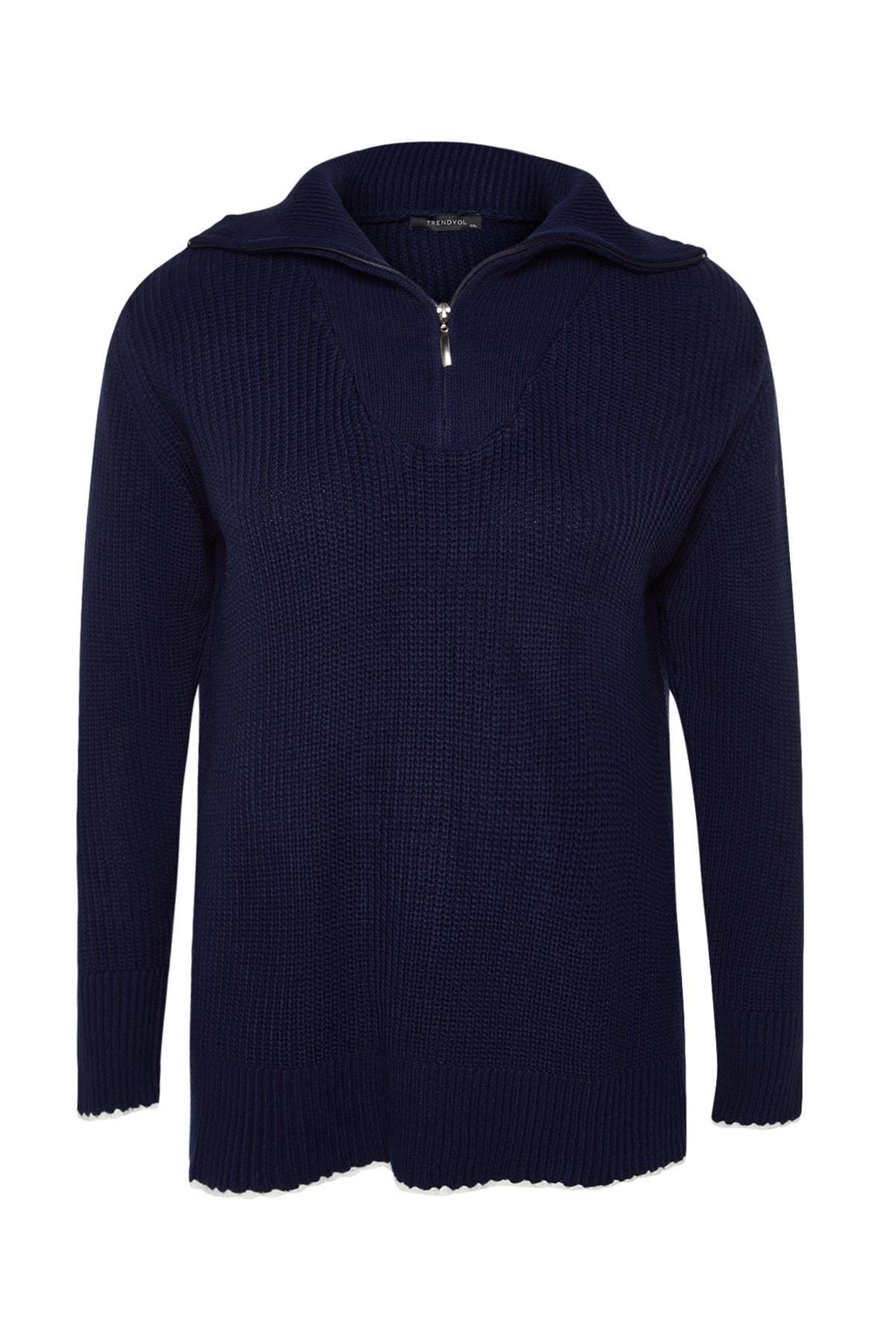 Trendyol - Navy Oversized Zippered Knitted Sweater