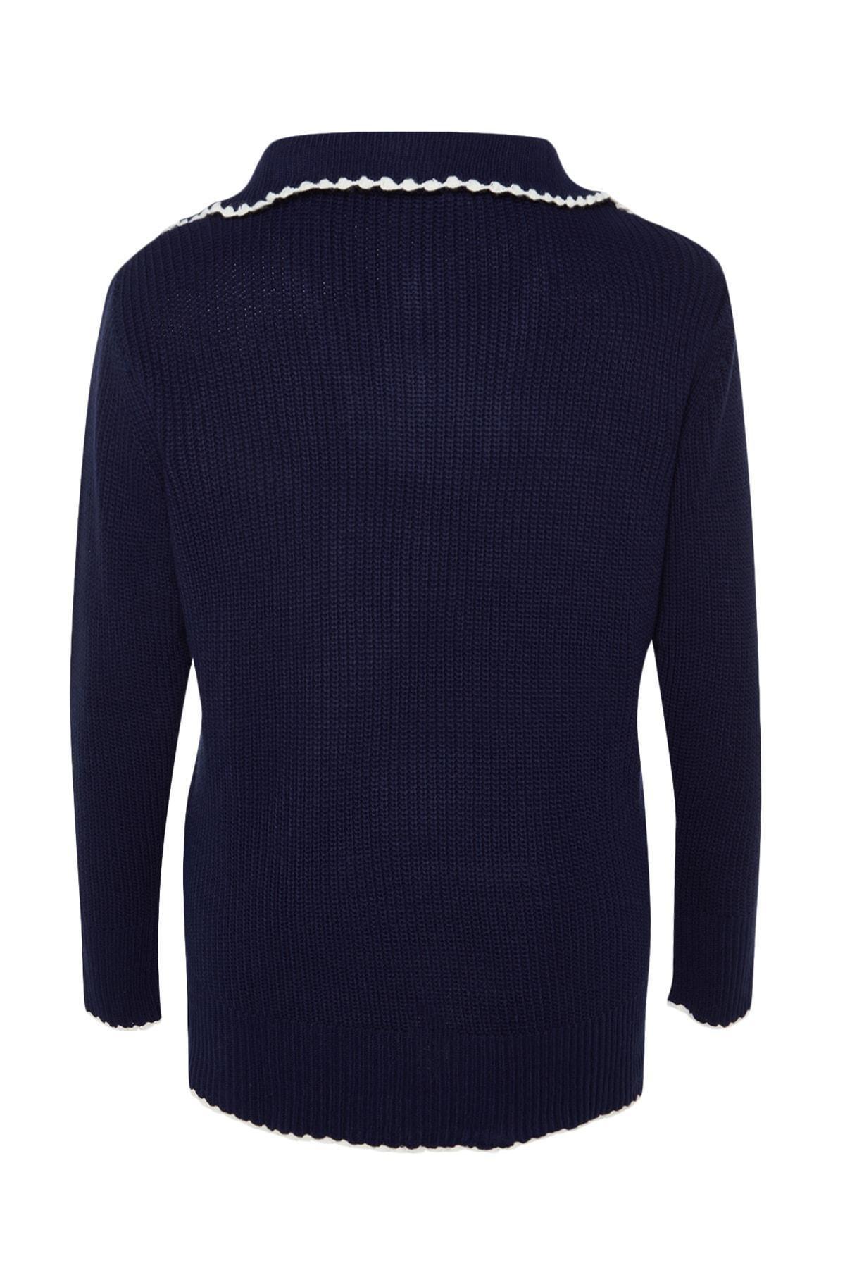 Trendyol - Navy Oversized Zippered Knitted Sweater