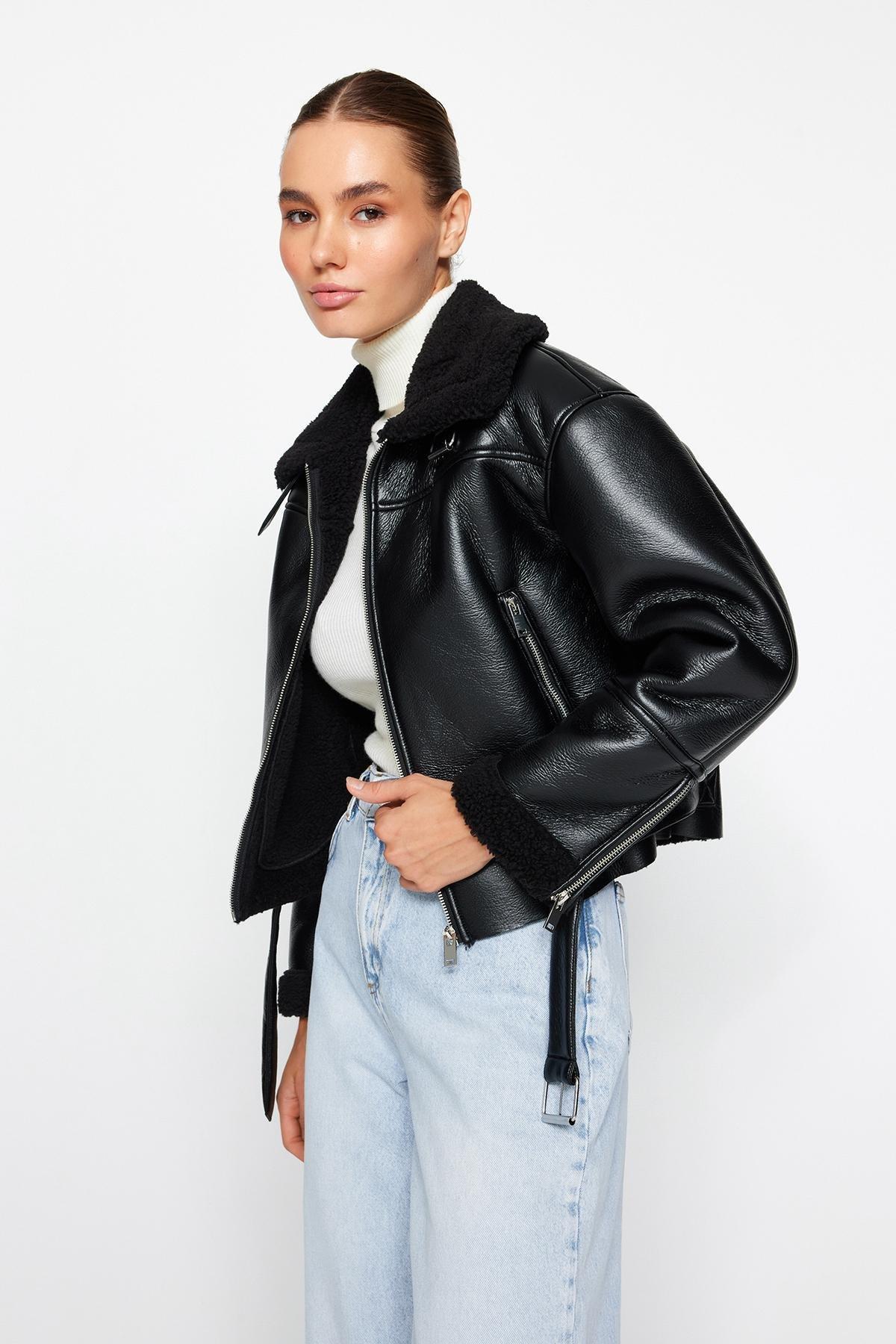 Black Oversized Plush Detailed Jacket Coat, , large image number 0