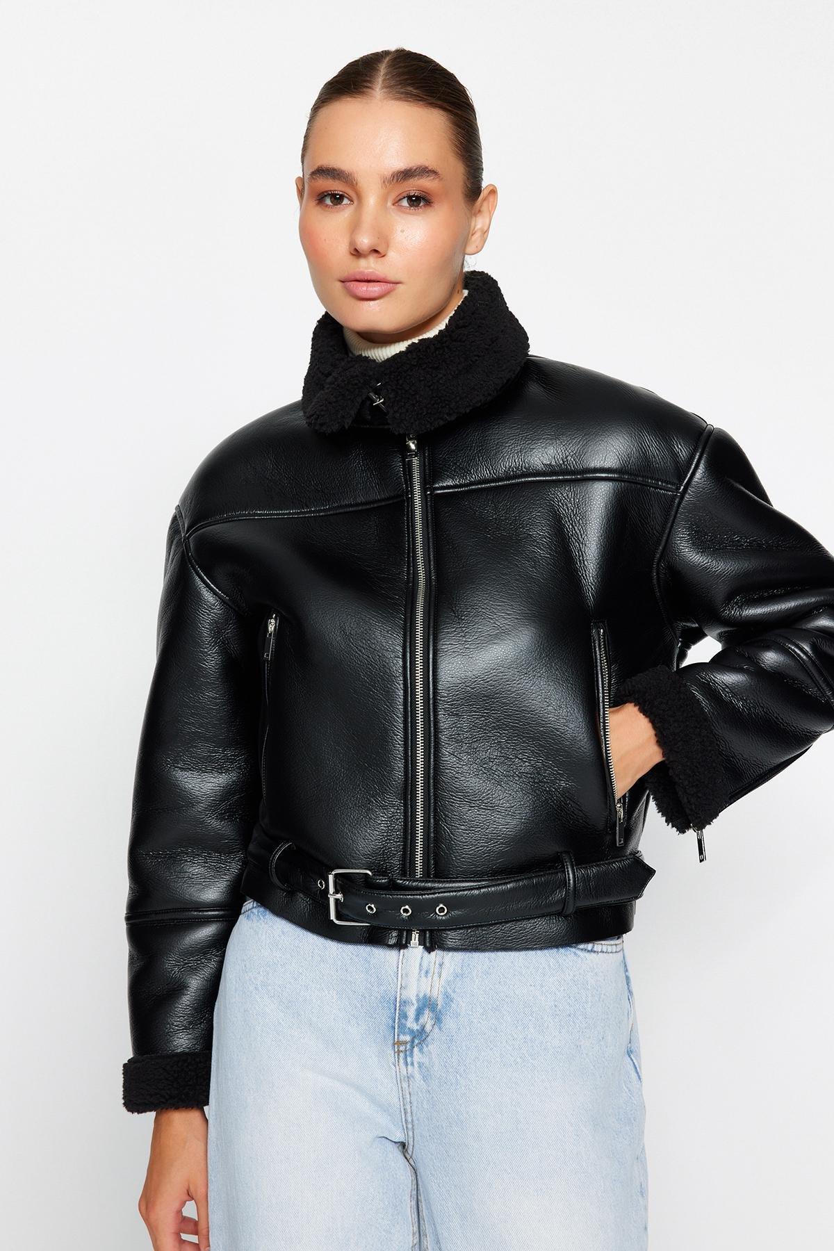Black Oversized Plush Detailed Jacket Coat, , large image number 1