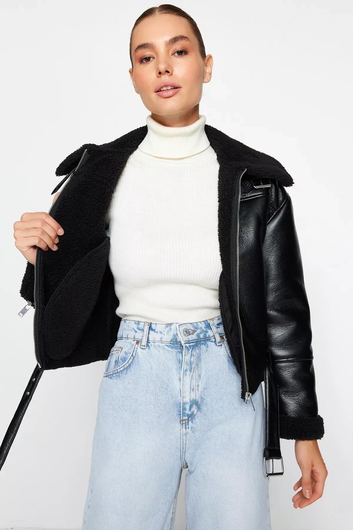 Black Oversized Plush Detailed Jacket Coat, BLACK, medium