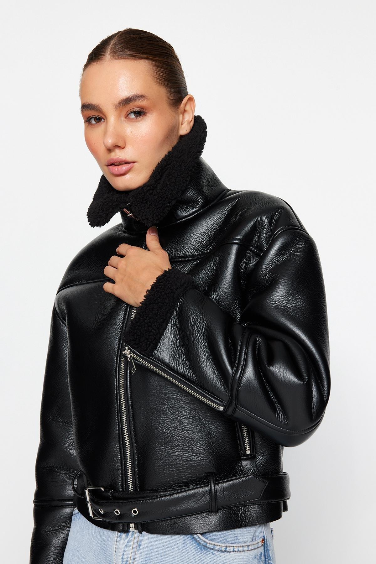 Black Oversized Plush Detailed Jacket Coat, , large image number 3