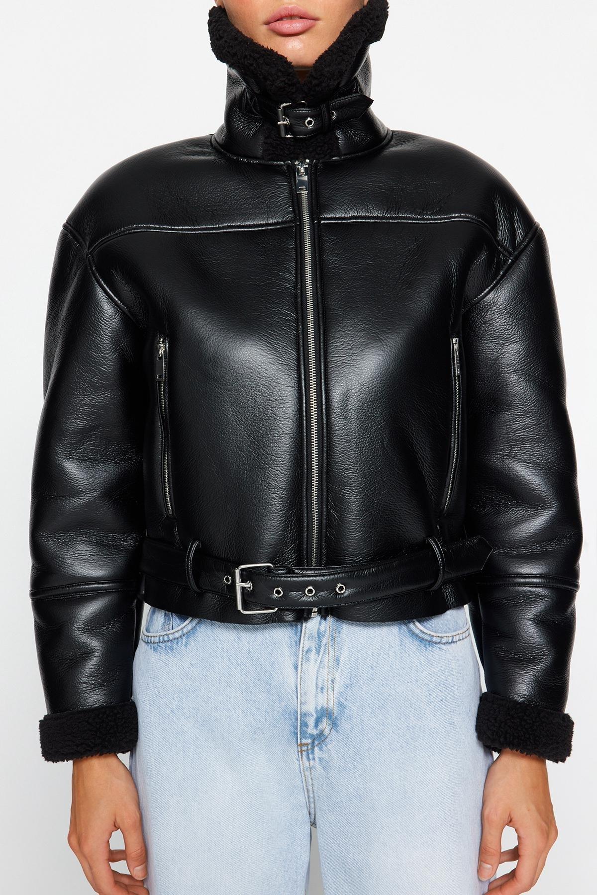 Black Oversized Plush Detailed Jacket Coat, , large image number 4