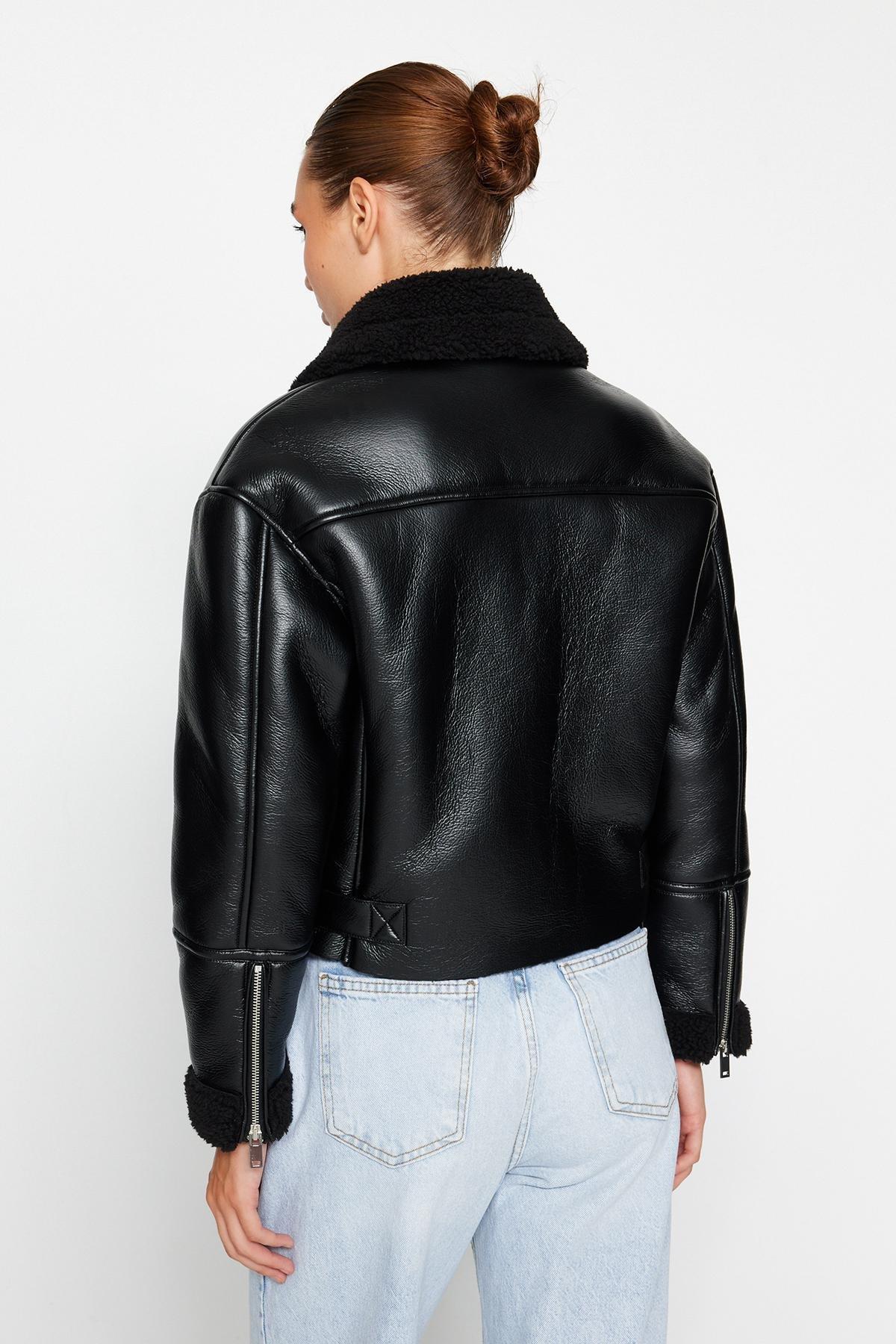 Black Oversized Plush Detailed Jacket Coat, , large image number 6