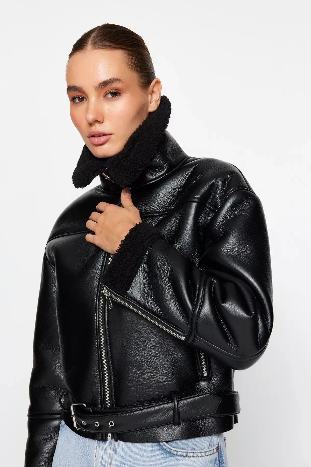 Black Oversized Plush Detailed Jacket Coat, BLACK, large image number 7
