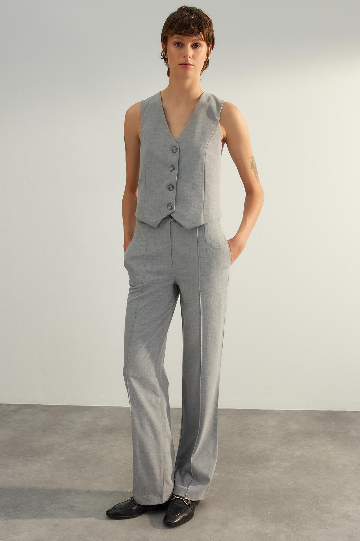 Grey Detailed Buttoned Woven Vest, , large image number 0