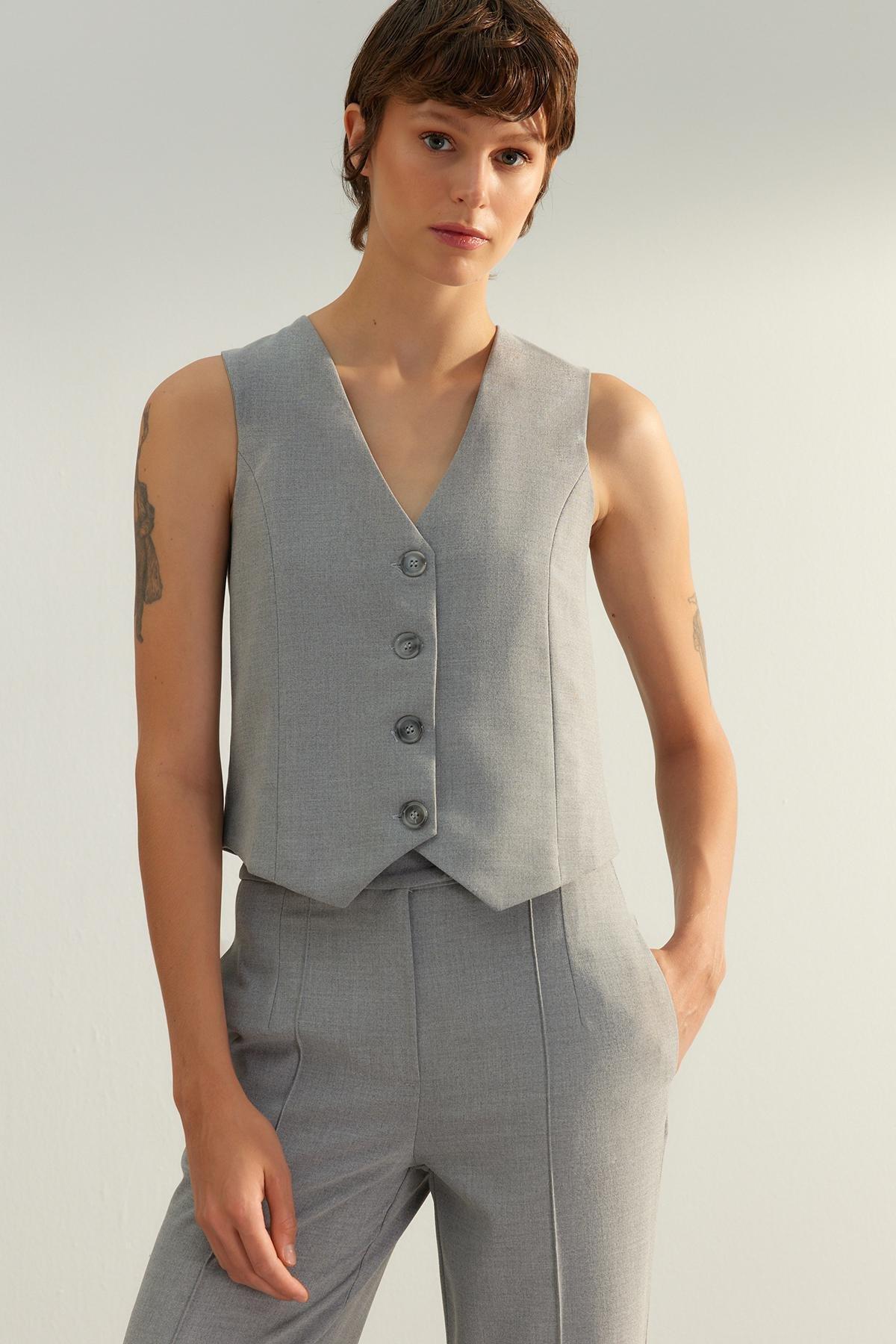 Grey Detailed Buttoned Woven Vest, , large image number 1