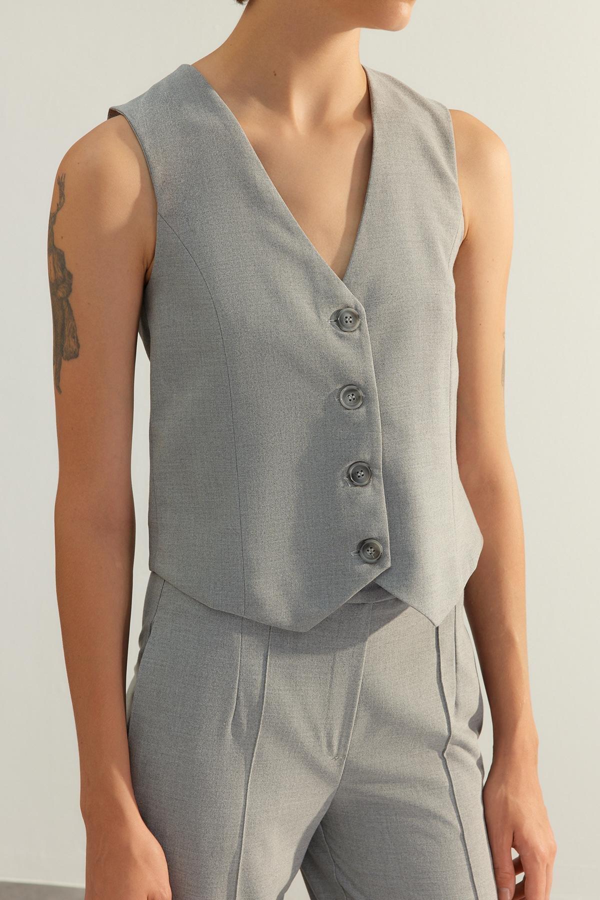 Grey Detailed Buttoned Woven Vest, , large image number 2