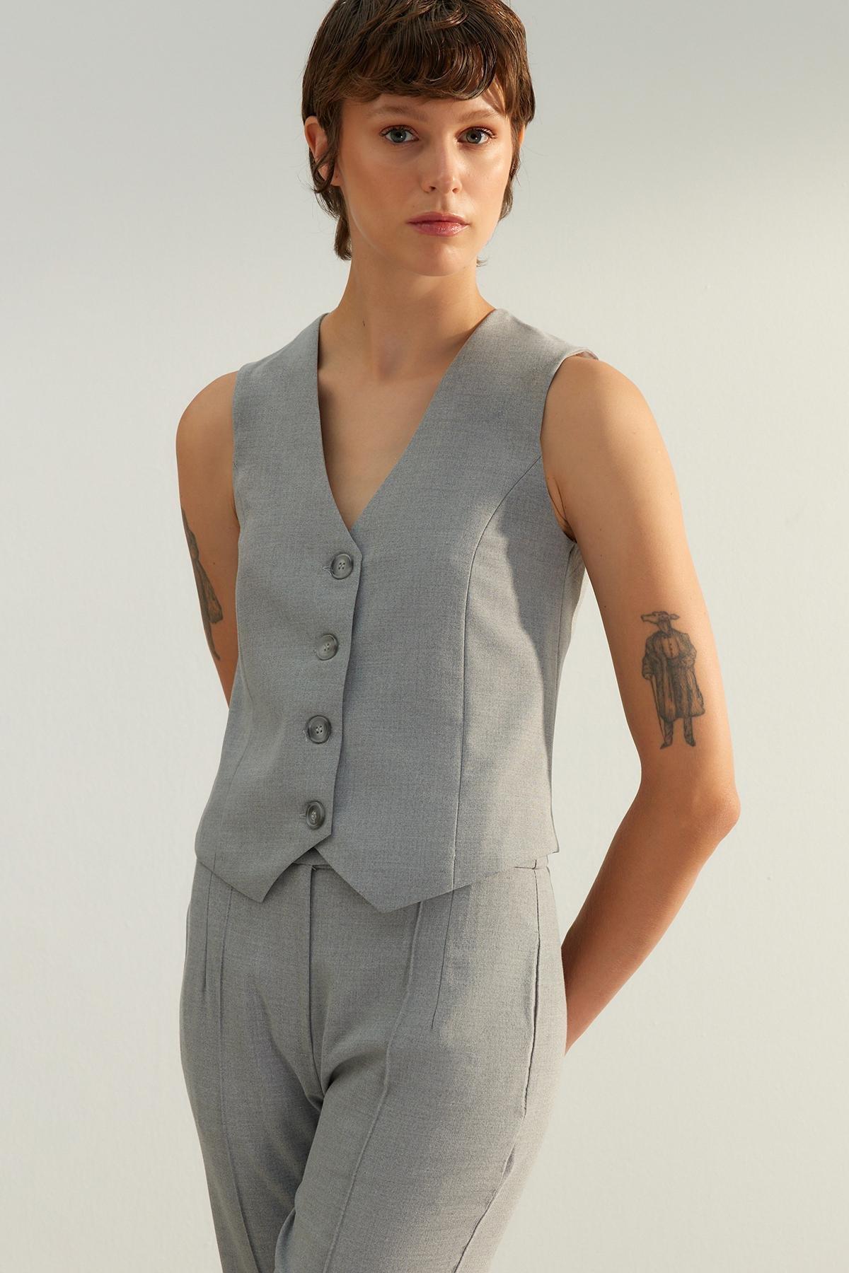 Grey Detailed Buttoned Woven Vest, , large image number 3