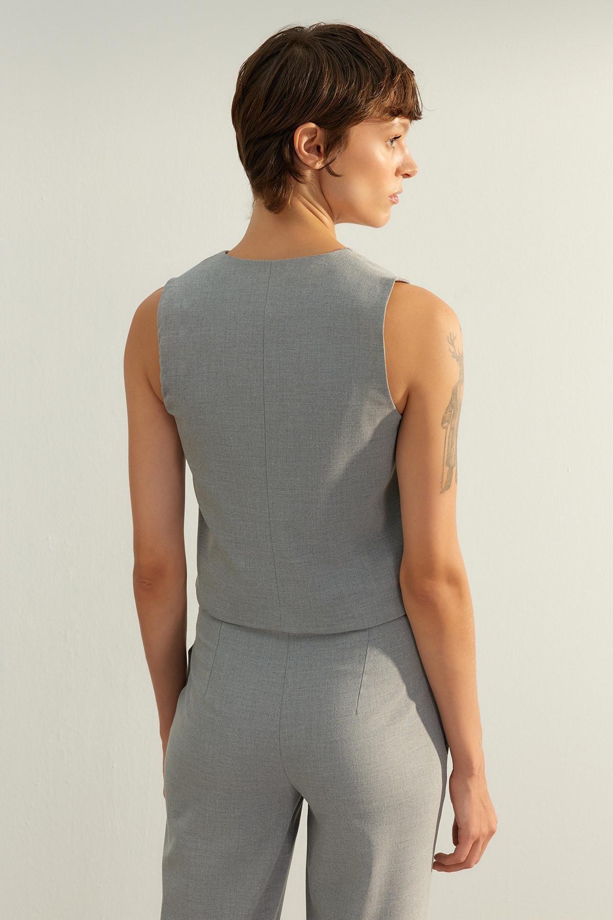 Grey Detailed Buttoned Woven Vest, , large image number 4