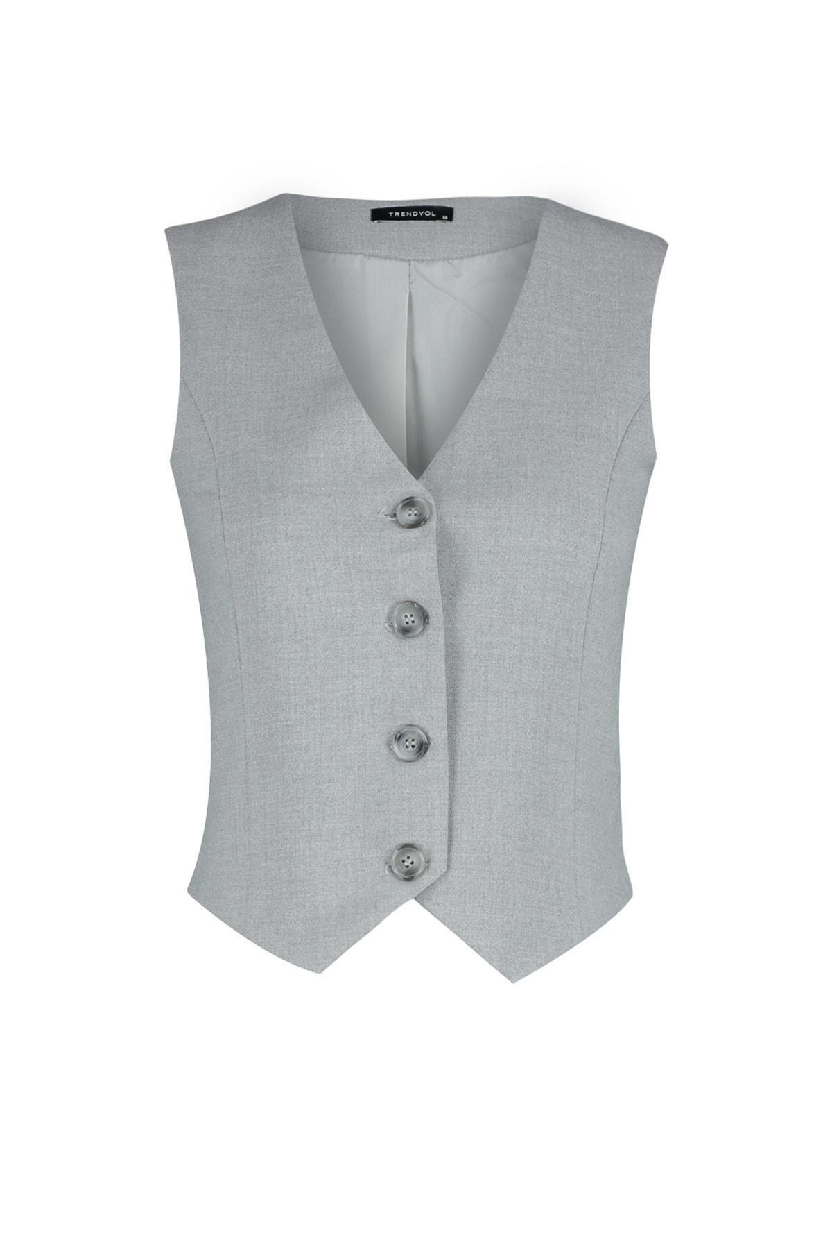 Grey Detailed Buttoned Woven Vest, , large image number 5