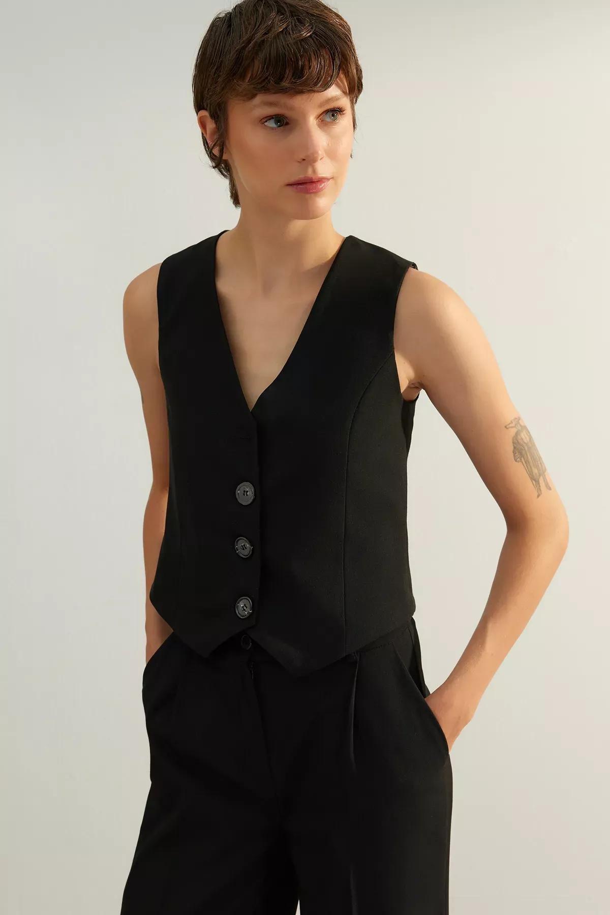 Black Buttoned Woven Vest, BLACK, large image number 0