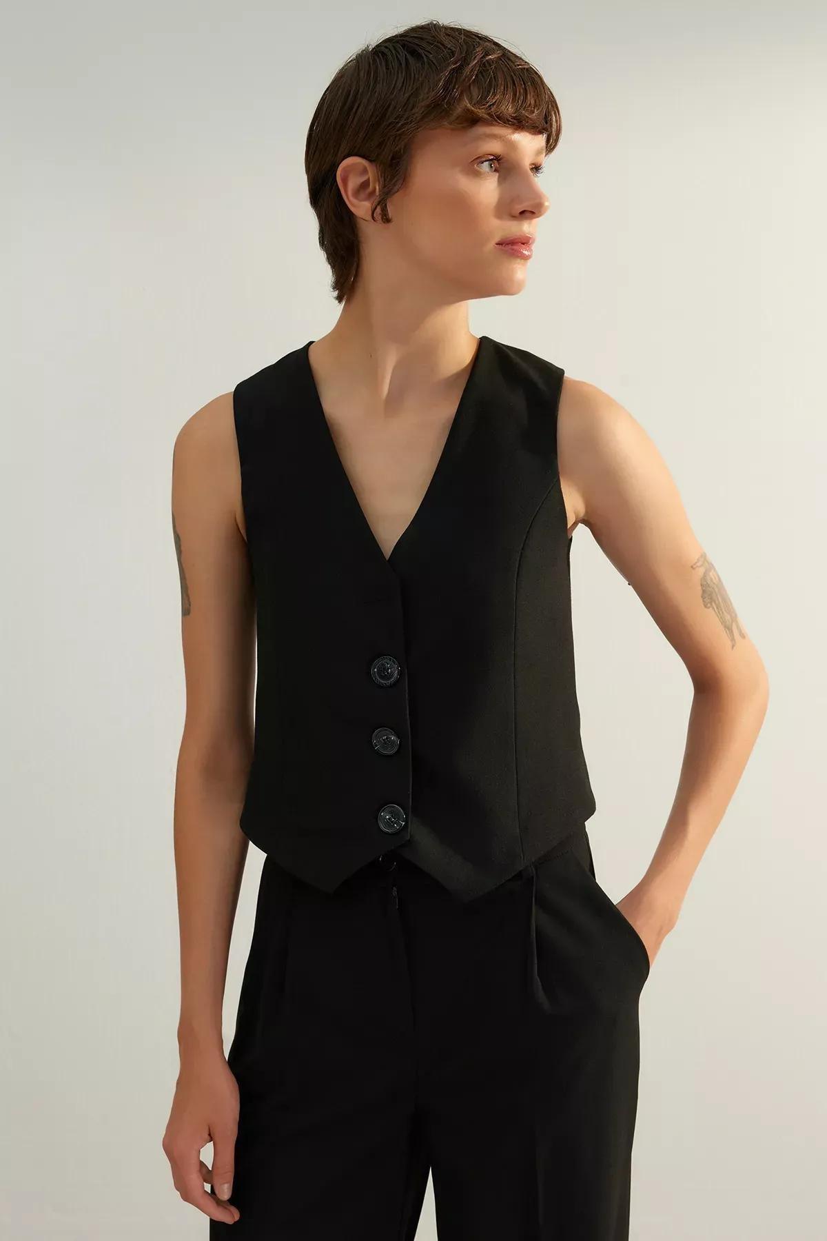 Black Buttoned Woven Vest, BLACK, large image number 1