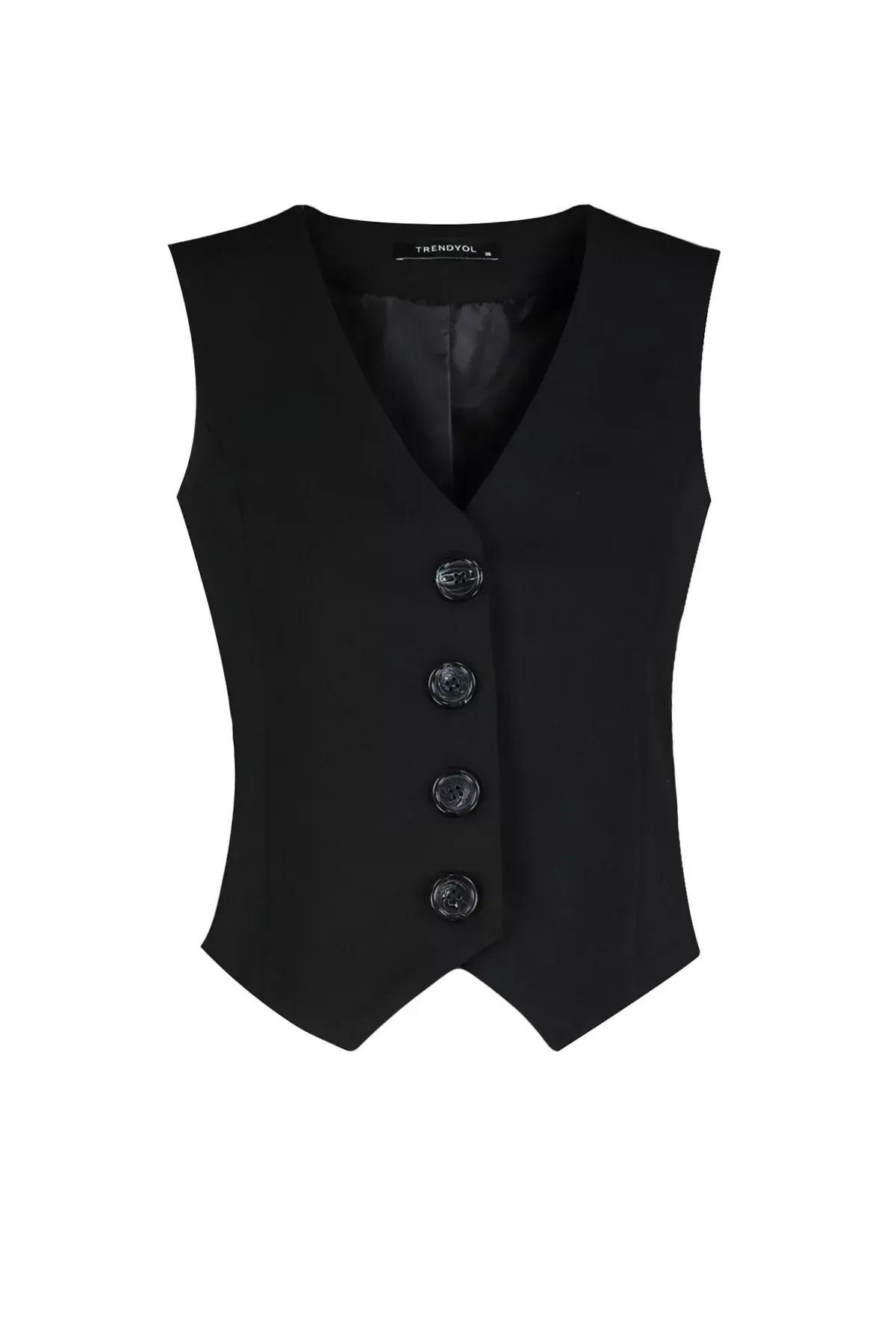 Black Buttoned Woven Vest, BLACK, large image number 5
