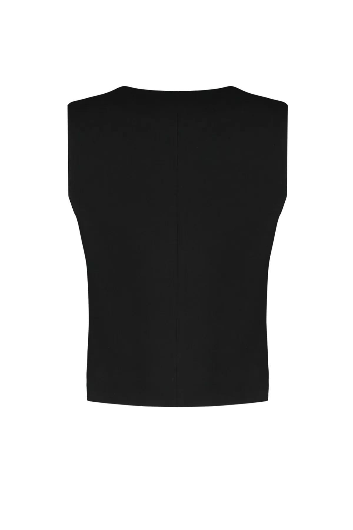 Black Buttoned Woven Vest, BLACK, large image number 7
