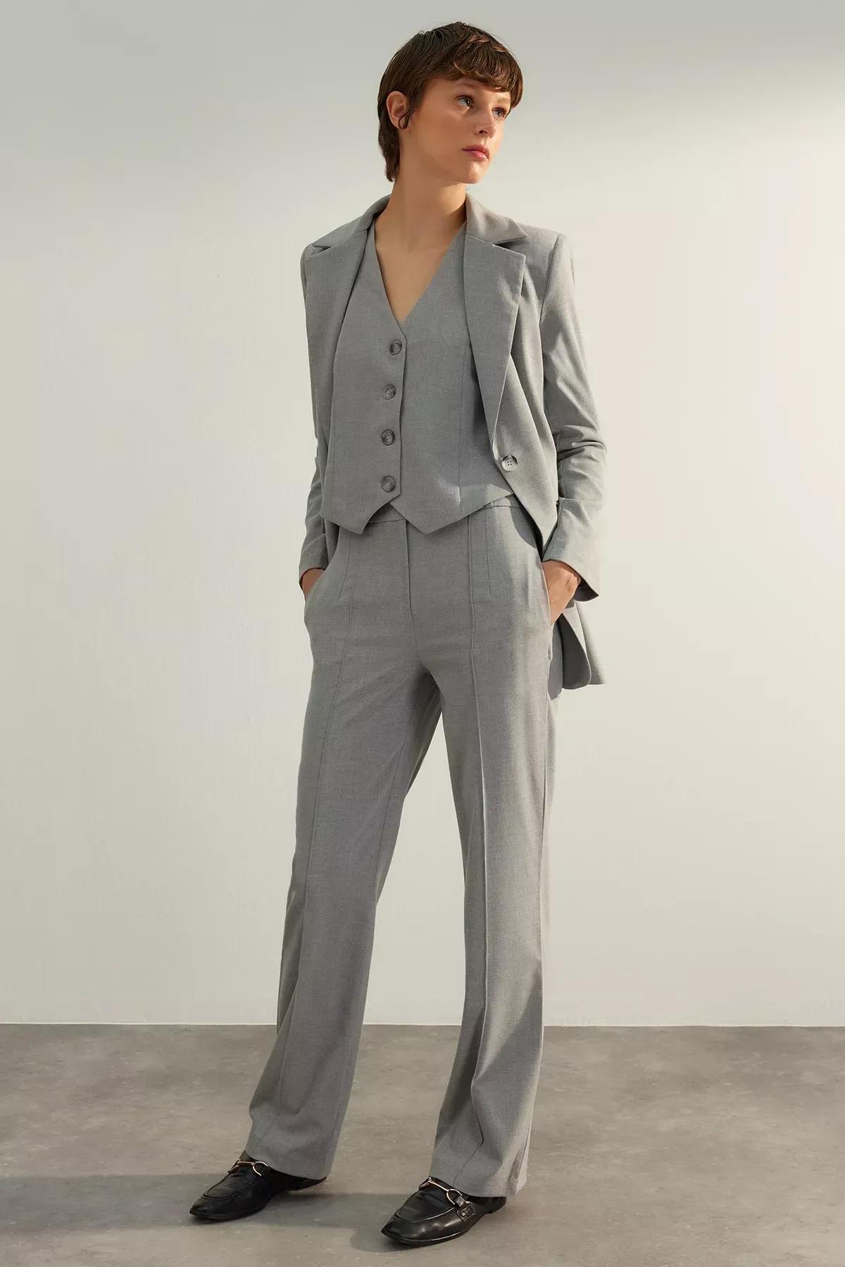 Grey High-Waist Ribbed Trousers, C101_1653, large image number 1