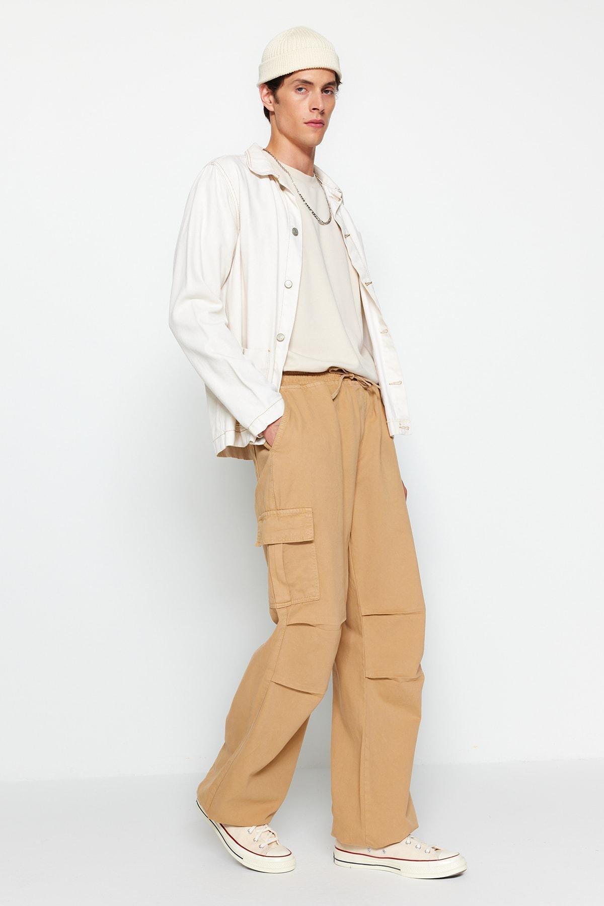 Beige Wide-Cut Elastic Waist Cargo Jeans, , large image number 0