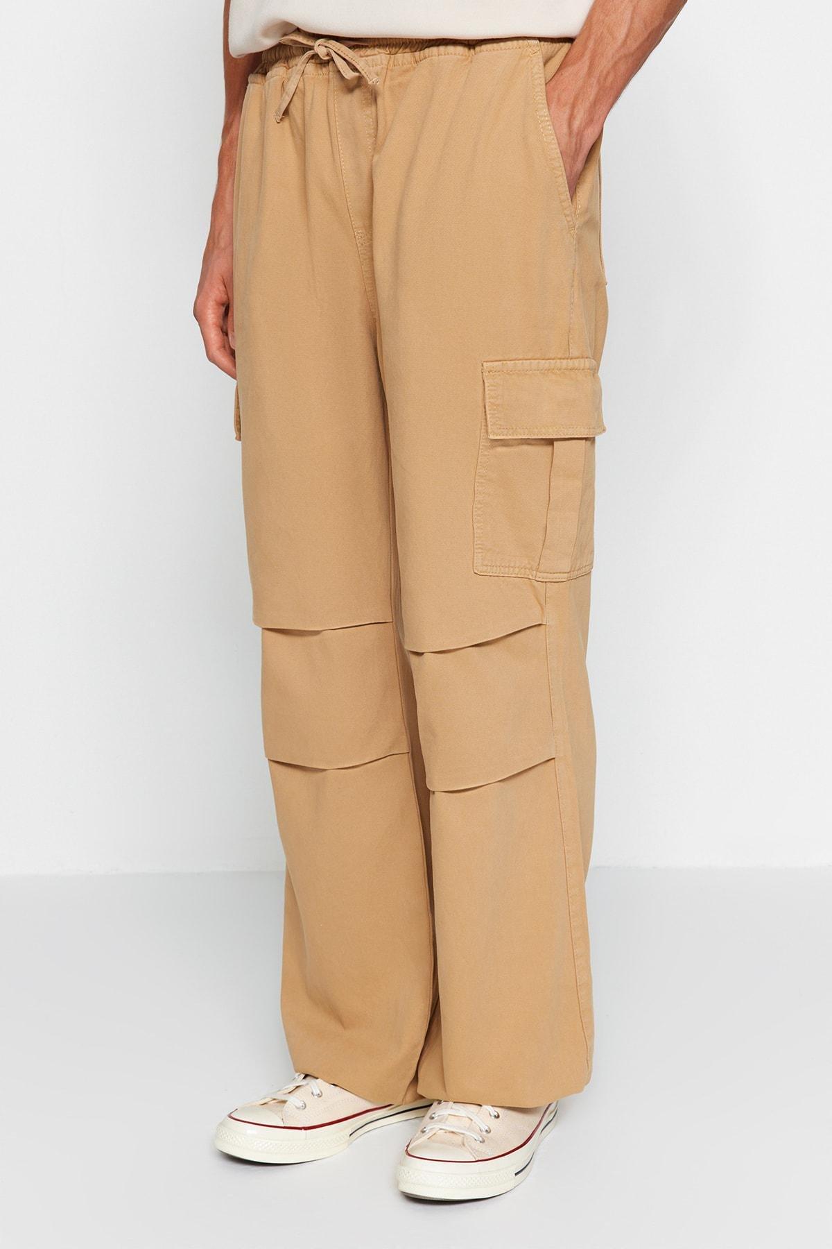 Beige Wide-Cut Elastic Waist Cargo Jeans, , large image number 1