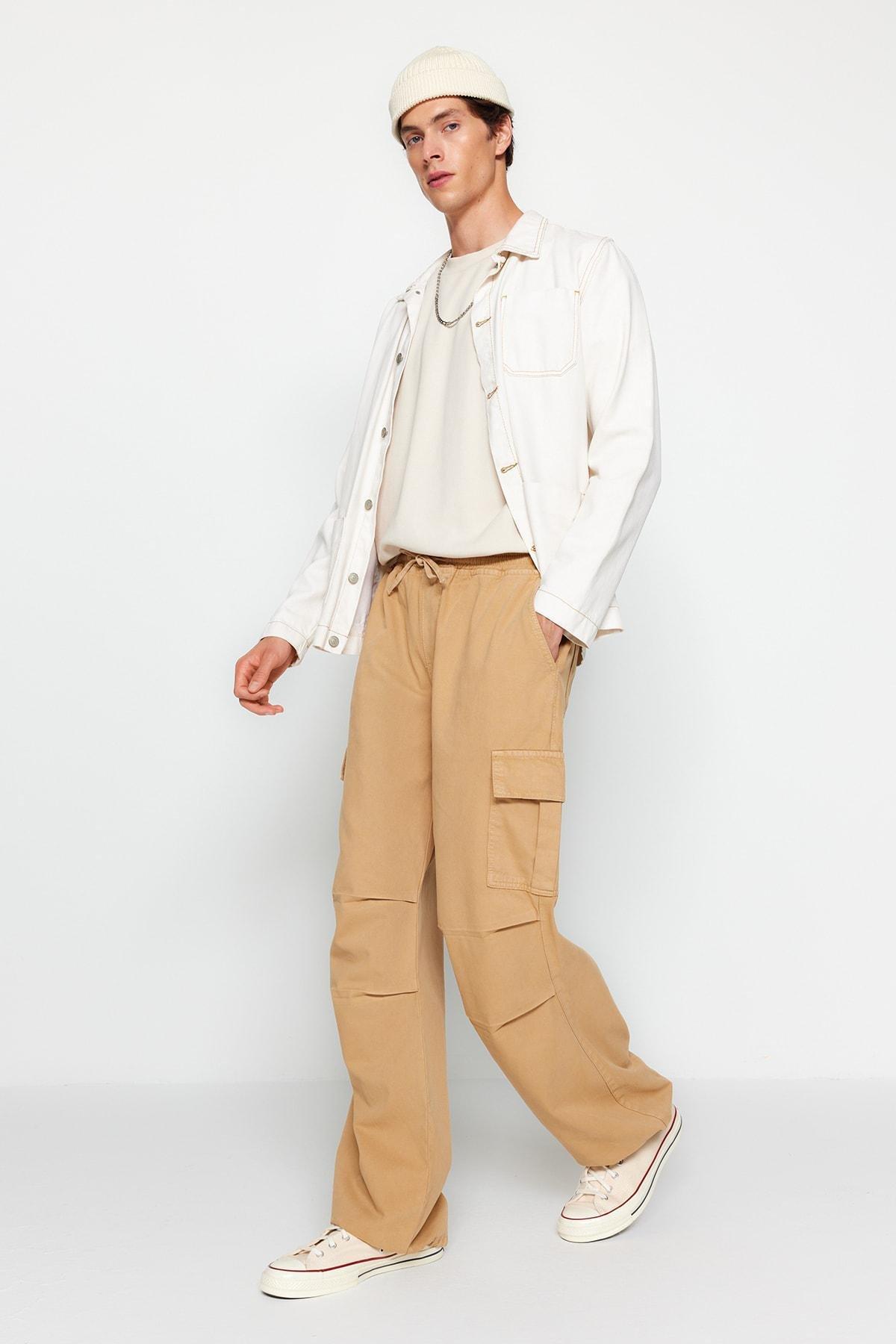 Beige Wide-Cut Elastic Waist Cargo Jeans, , large image number 2