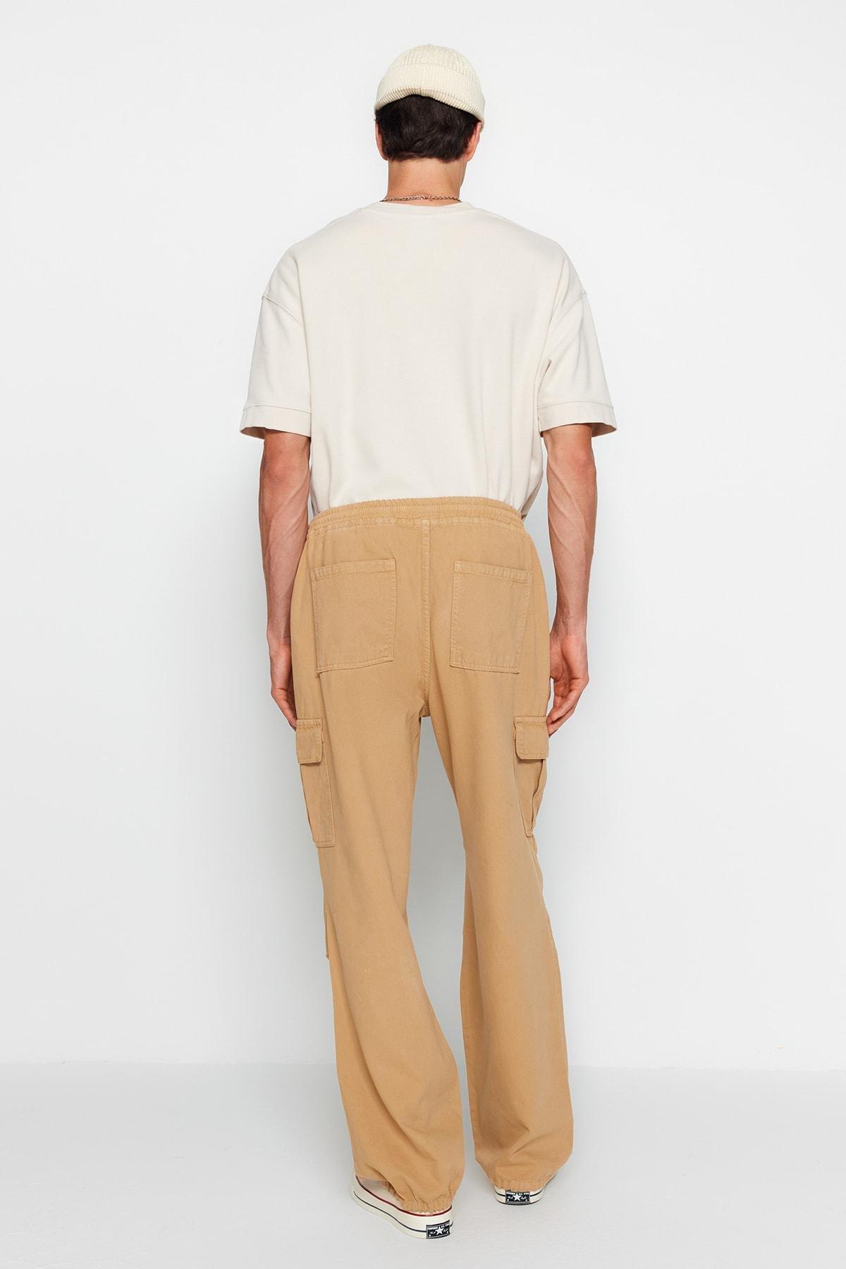 Beige Wide-Cut Elastic Waist Cargo Jeans, , large image number 4
