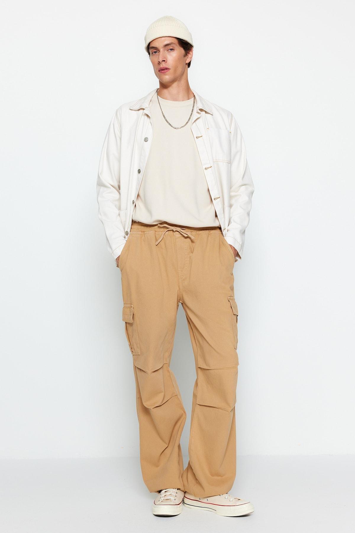 Trendyol - Beige Wide-Cut Elastic Waist Cargo Jeans