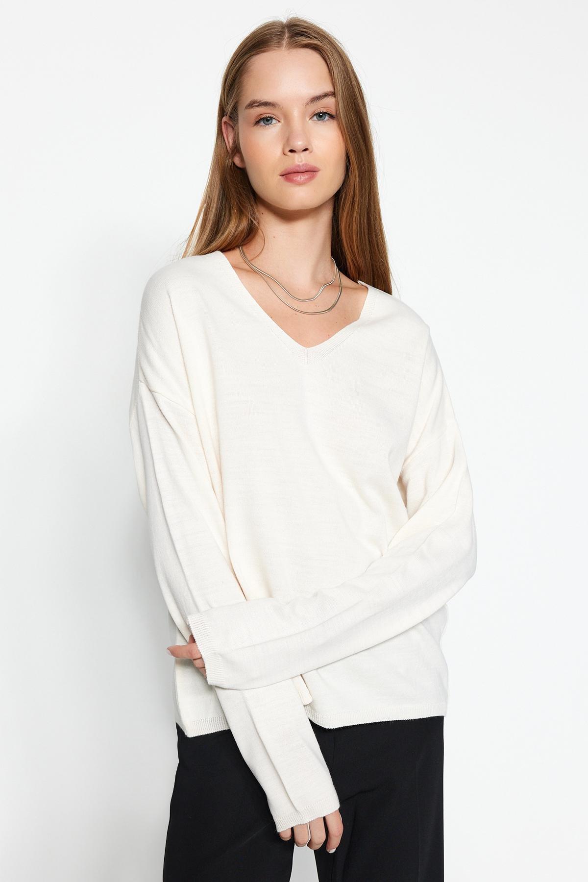Trendyol - Cream Oversized Knitted Sweater