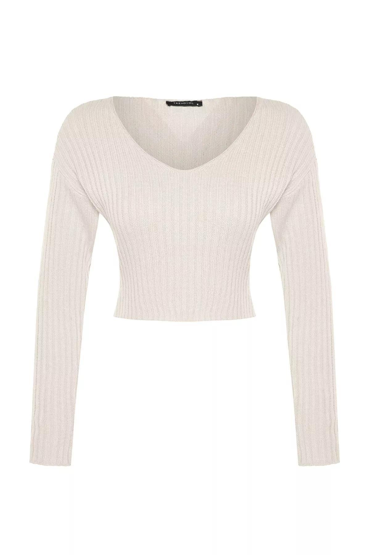 Ecru V-Neck Cropped Knitted Sweater, Ecru, large image number 5