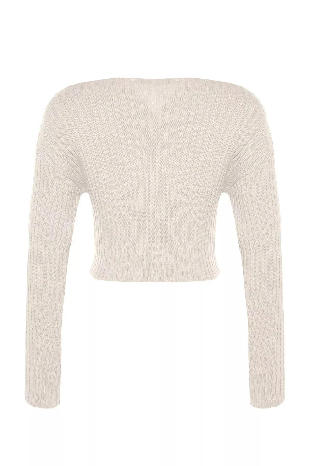 Ecru V-Neck Cropped Knitted Sweater, Ecru, large image number 7